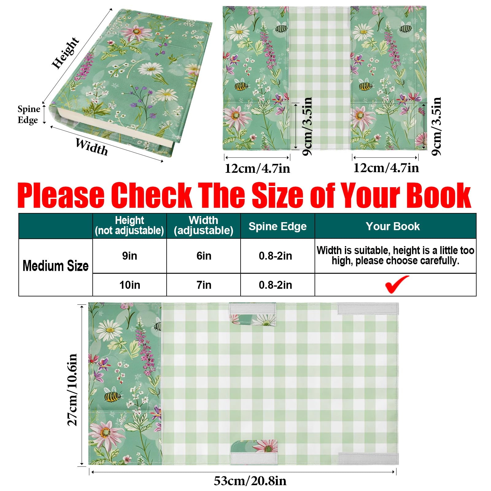 Fundas ajustables para libros, protector de libros de tela de lona lavable con bolsillos, marcapáginas, doble cara con estampado floral, funda para libro de tapa dura, novelas, libros de texto,