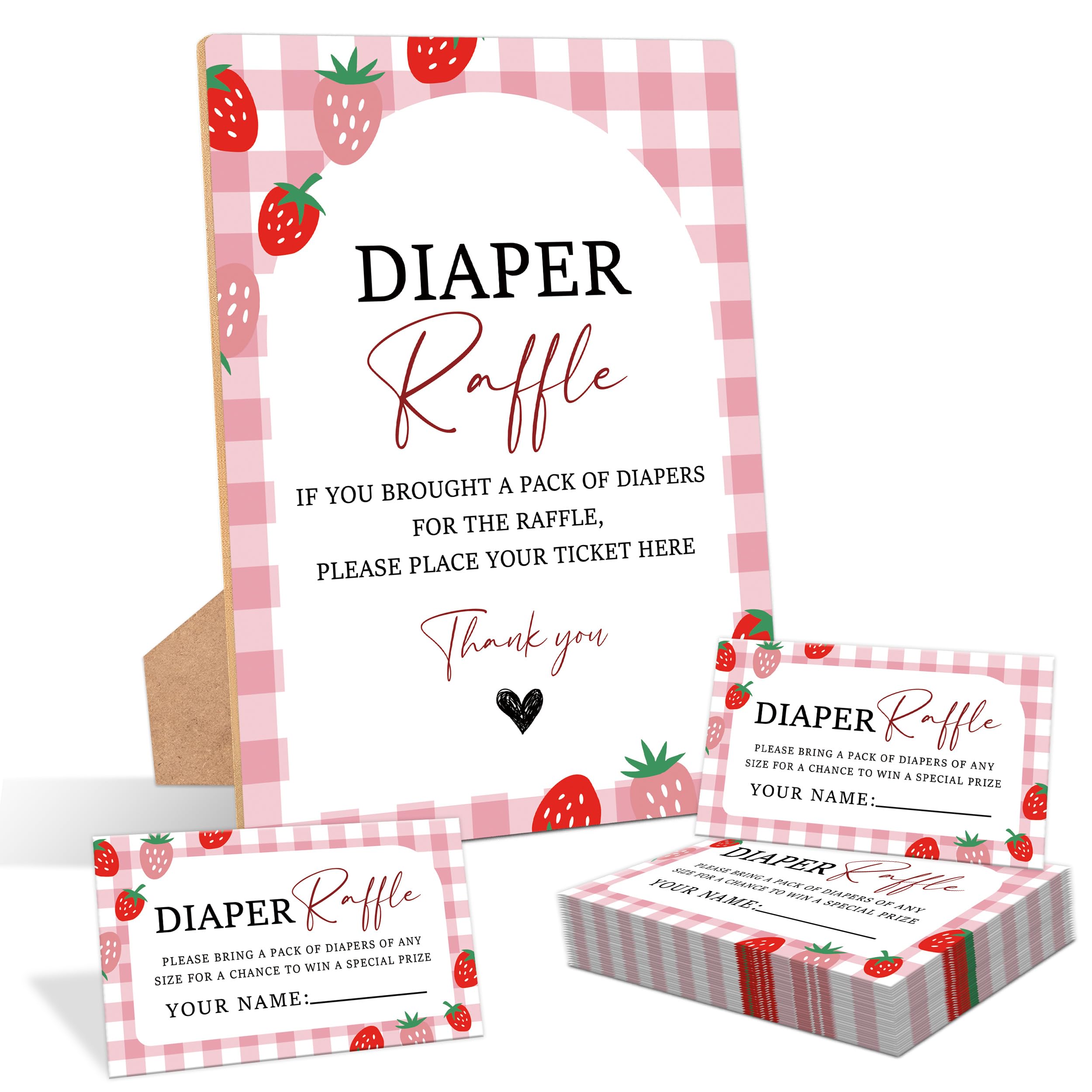 Pink Gingham Berry Baby Shower Diaper Raffle, Pack of 1 Wooden Tabletop Sign with Stand and 50 Diaper Raffle Tickets, Strawberry Baby Shower Game, Gender Reveal Party Decorations - FS07