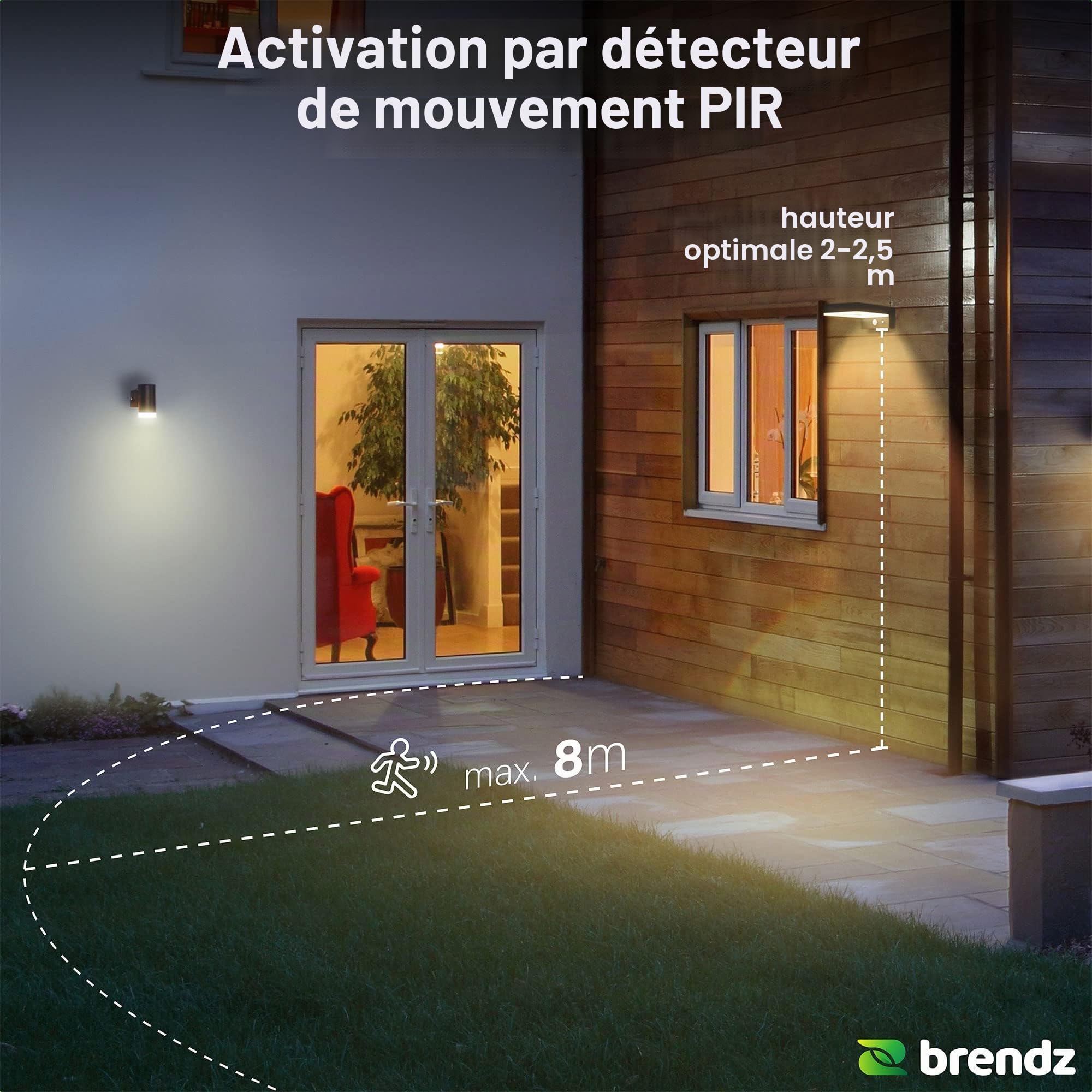 Brendz Applique murale exterieur solaire, Detecteur de mouvement, Lampe solaire exterieur, 600 Lumens, blanc chaud 3000k, Imperméable IP44, Eclairage exterieur solaire avec 3 Modes de Lumière, (2 pcs)