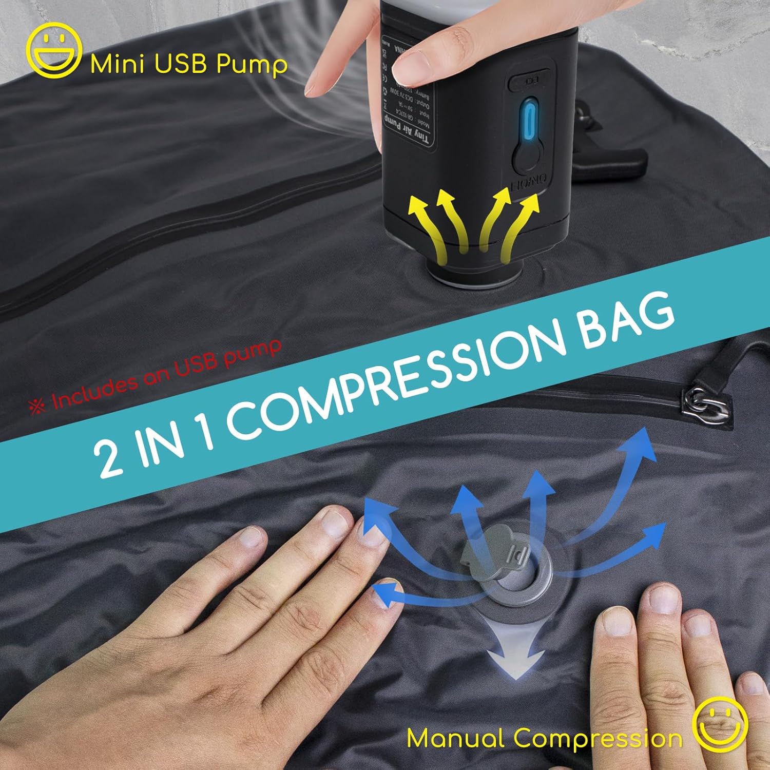 エアポンプ付き旅行用真空バッグ2個パック TPU再利用可能真空圧縮バッグ 旅行用 防水ジッパー付き 省スペースバッグ スーツケース