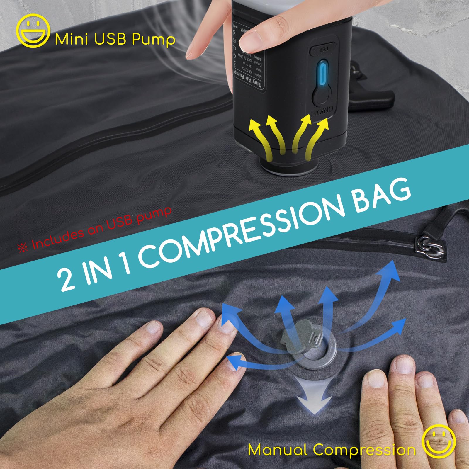 2 Pack Vakuumbeutel für Reisen mit Luftpumpe, TPU Wiederverwendbare Vakuum-Kompressionsbeutel für Reisen mit wasserdichtem Reißverschluss, platzsparende Tasche für Koffer, Rucksack, Schwarz