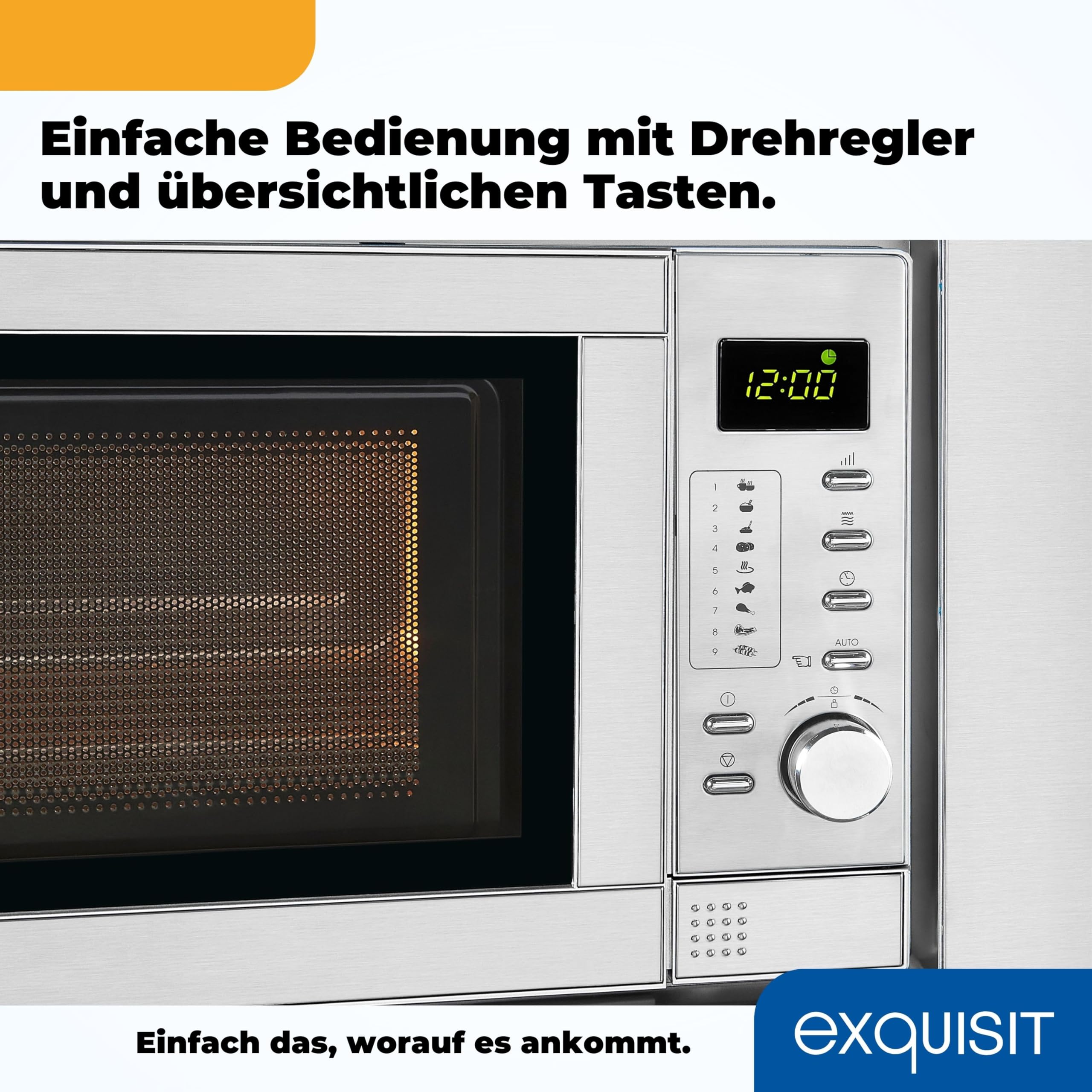 Exquisit Einbaumikrowelle mit Grill 900 W - 20 L, Silber/Edelstahl | 5 Leistungsstufen, Drehteller 24,5 cm, Einbaumaße B 59,5 x H 38,4 x T 33,5 cm, digitale Anzeige