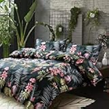 Eikei Palm Leaves Duvet Cover Pillowcases Set Tropical Exotic Island Flowers Trees Branches Paradise Birds Bedding Jungle Plants Modern Botanical Print Long Staple Cotton (Pine Green, Super King)