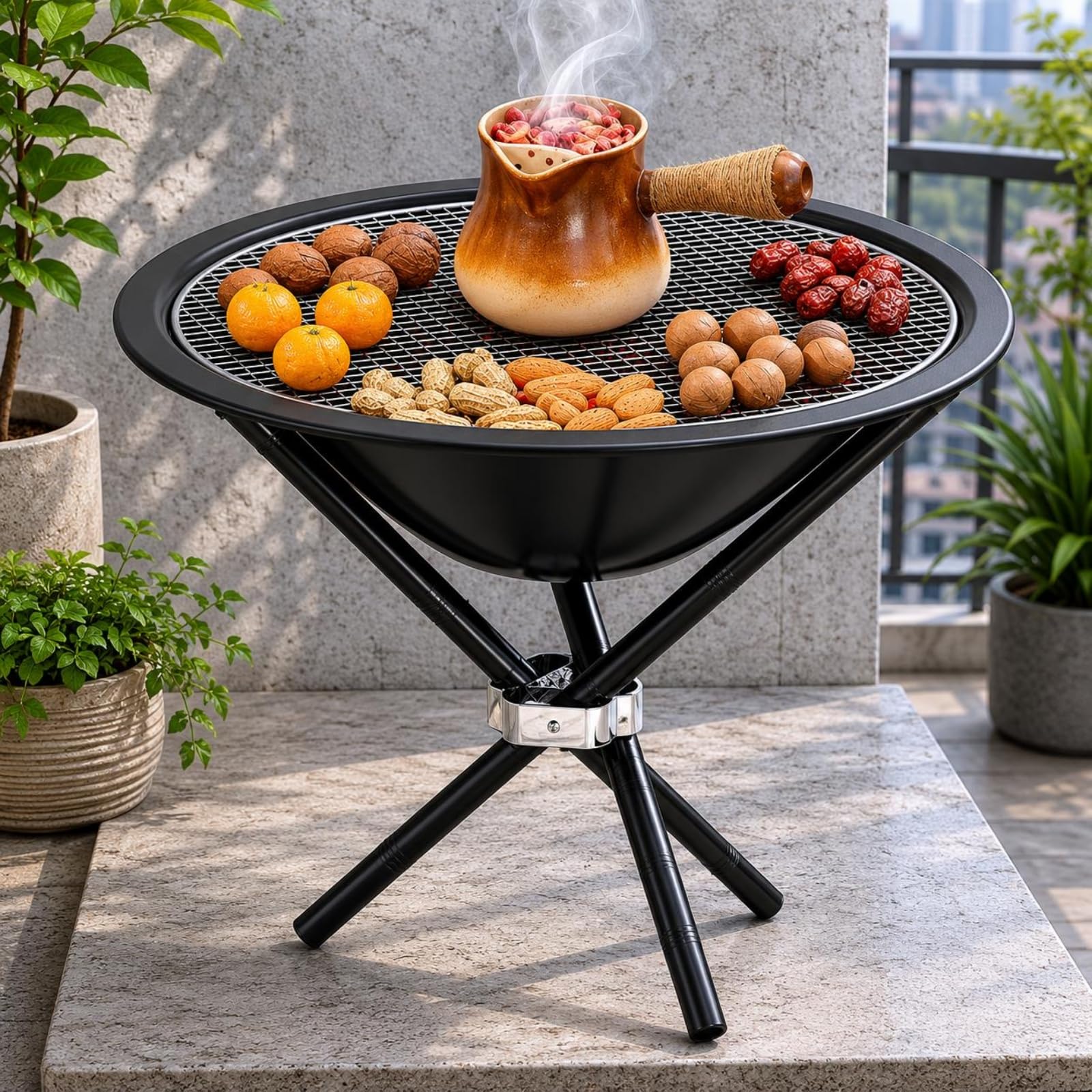 Baoblaze Grill Portatile Pieghevole Barbecue Braciere Graticola Rotonda Bacino Fuoco con Struttura Pieghevole in Acciaio per Riscaldare E Grigliare Adatto per Campeggio Cortile Spiaggia Viaggio