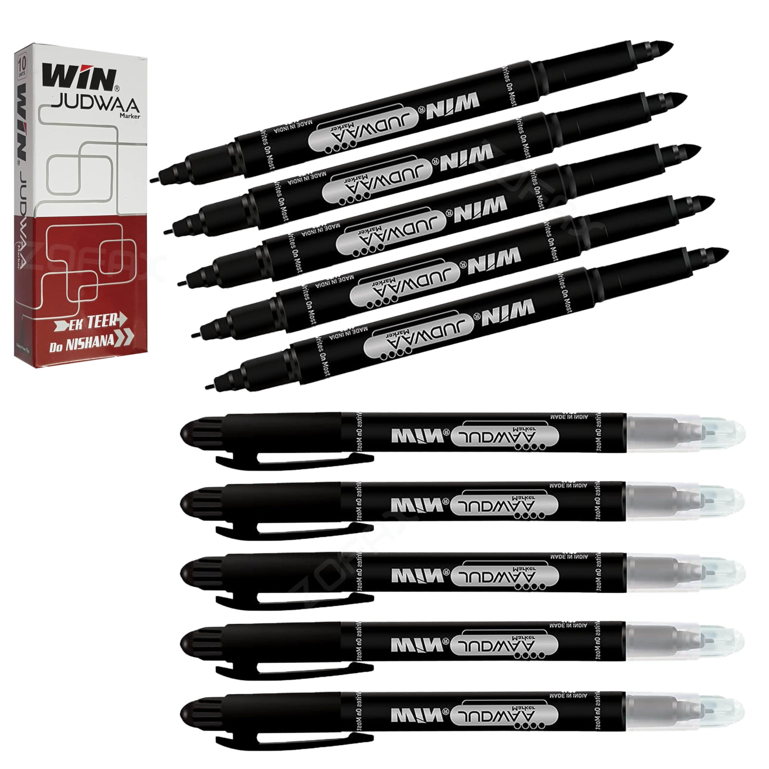 DUAL TIP Permanent Markers, BLACK, Medium Tip and Extra Fine Tip, Pack of 10