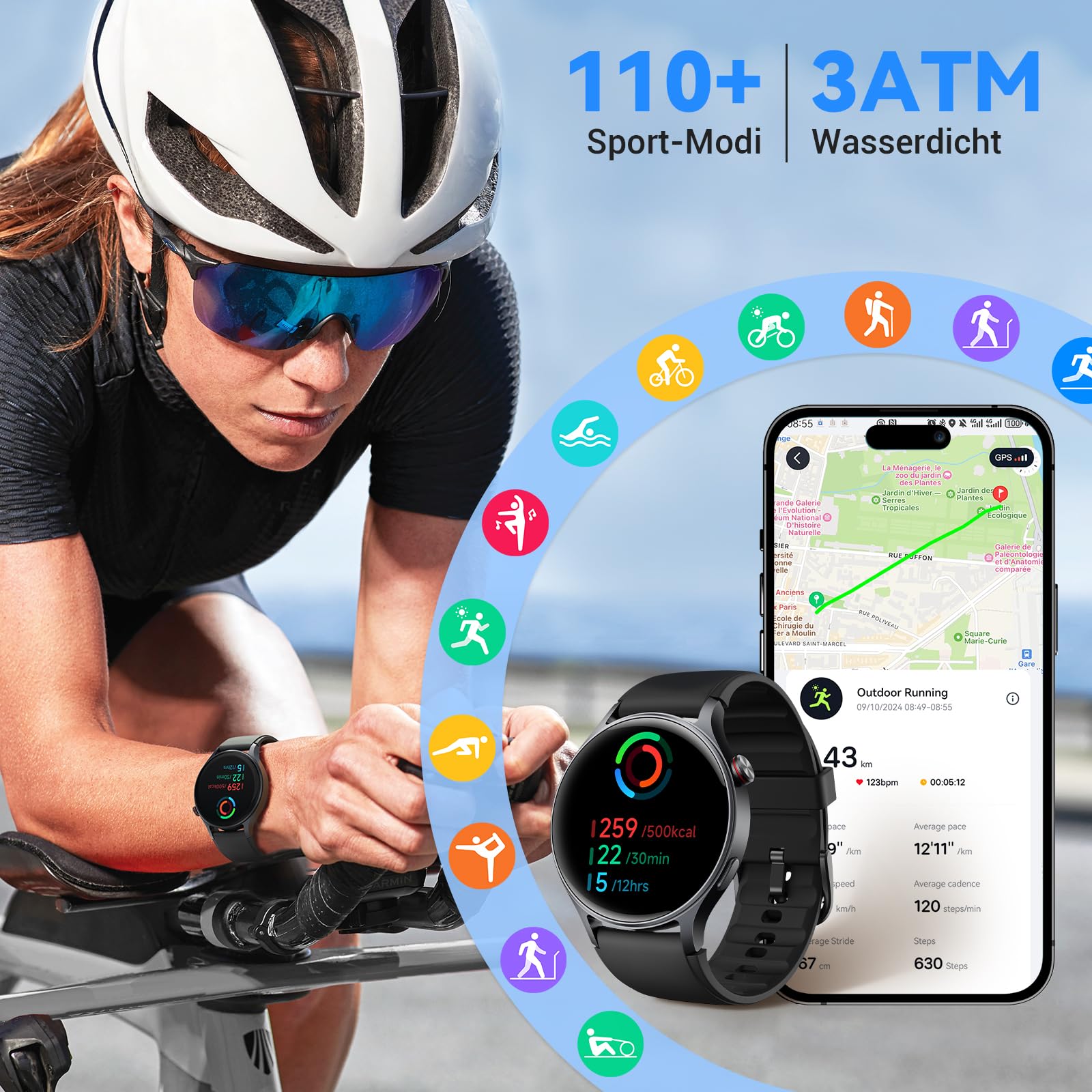 Smartwatch Herren Rund mit Telefonfunktion 1.32" AMOLED Display Fitnessuhr 110+ Sportmodi 3ATM Schrittzähler Pulsmesser SpO2 Schlafmonitor Schwarz