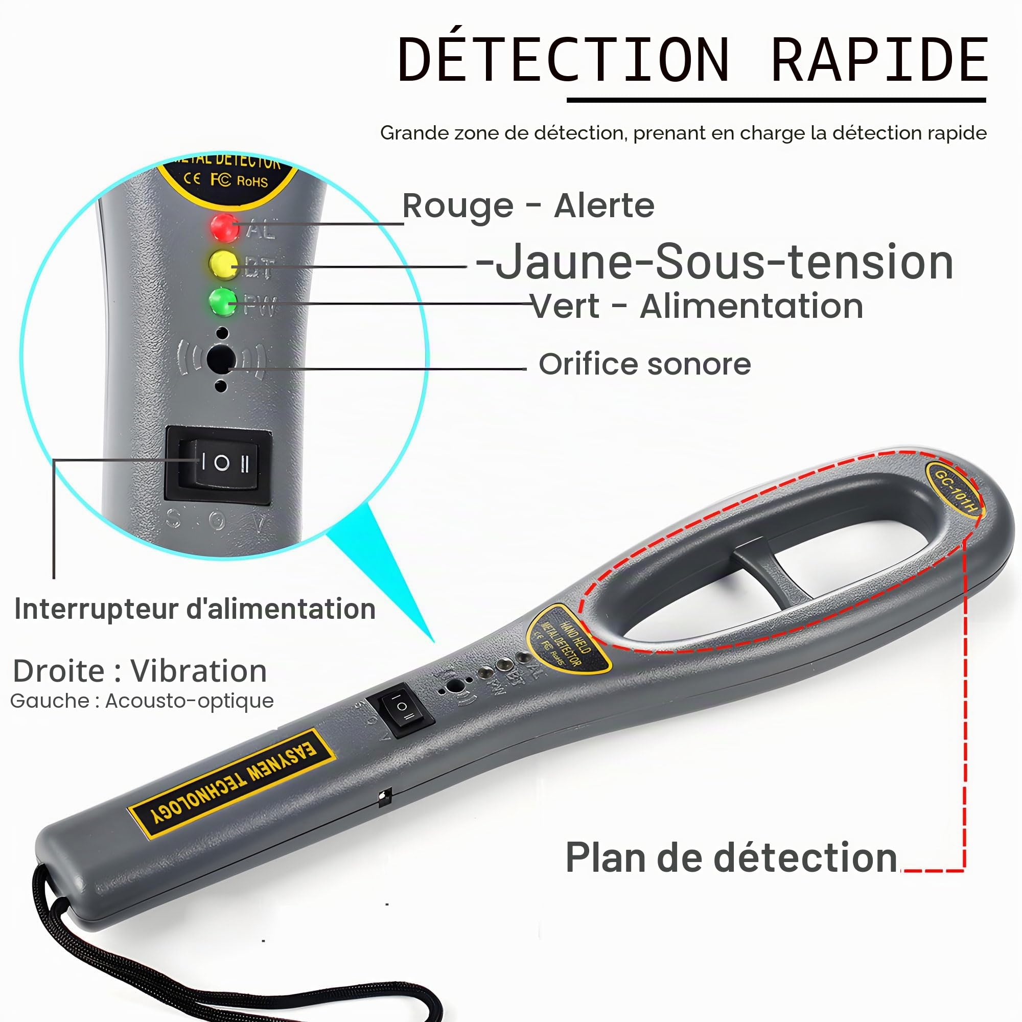 Détecteur de Métaux,V·RESOURCING main-Détecteur Métaux Portable avec Haute Sensibilité pour occasions importantes,métro, parc