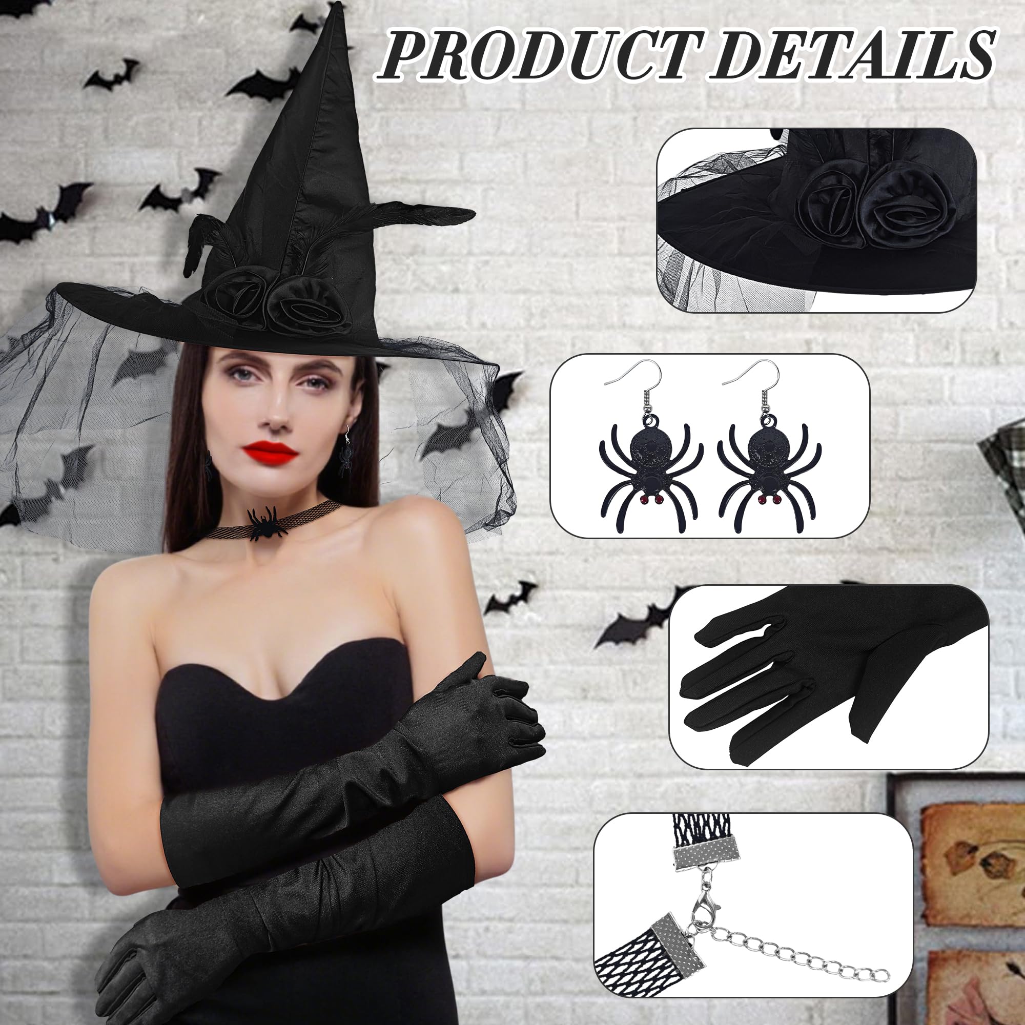 Alaxciax Witch Hat Costume Accessories, Black Witches Hat with Gloves Earrings Choker Necklace for Women Halloween Cosplay Party - Image 4