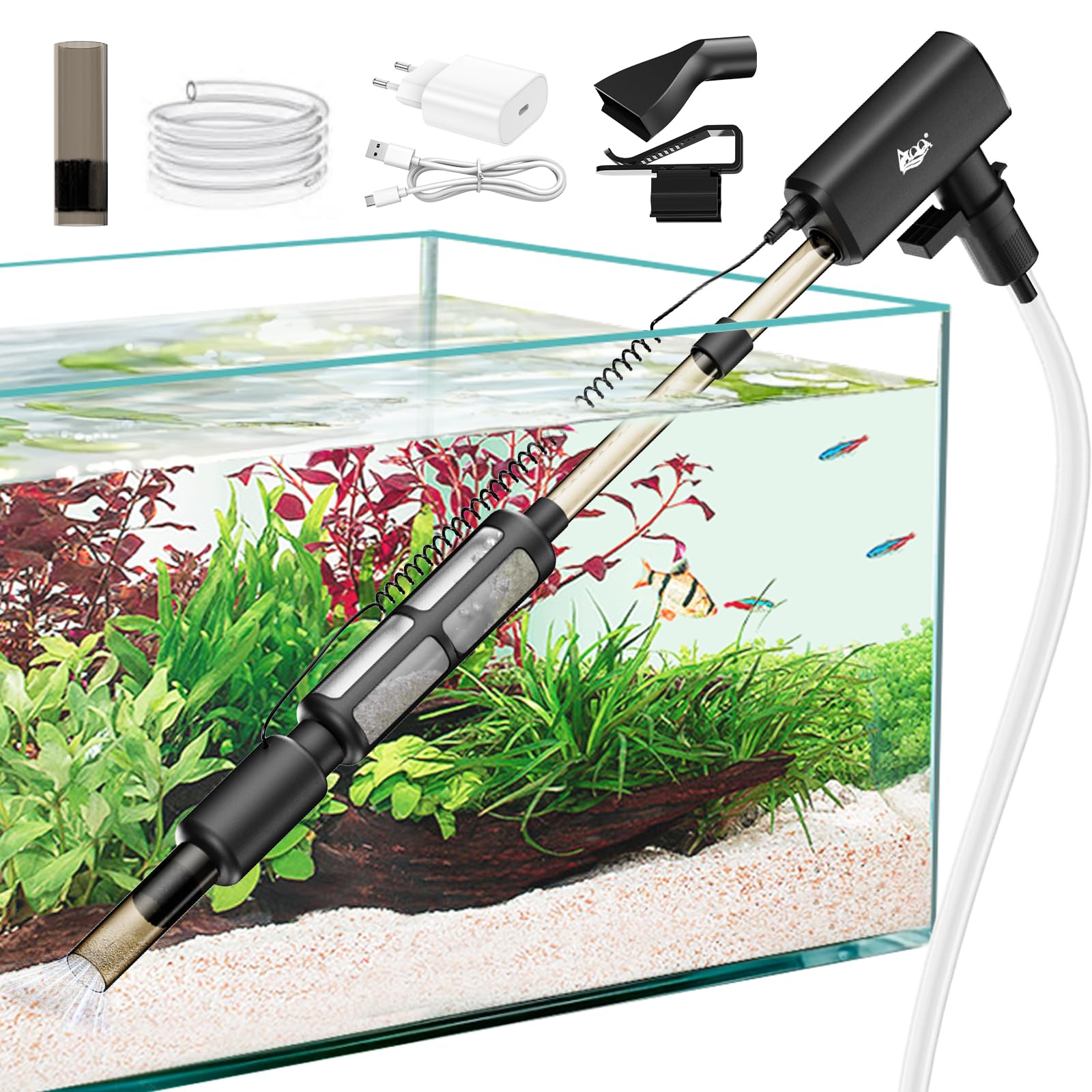 Pulitore per Acquario Elettrico Ricaricabile 8W, Aspiratore Gravita con 4 Livelli di Aspirazione Regolabili, Cambio Acqua Automatico, Rimozione Detriti e Lavaggio Sabbia per Acquari di Pesci