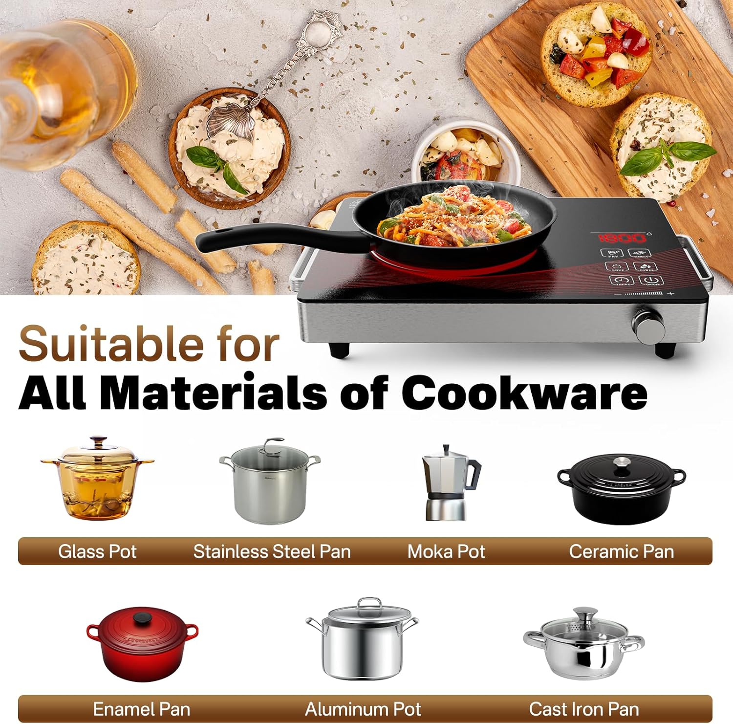 1800W Infrared Hot Plate, Portable Single Burner Electric Cooktop with Timer & Touch Control, 18 Heat Levels, Ceramic Cooktop for All Cookware