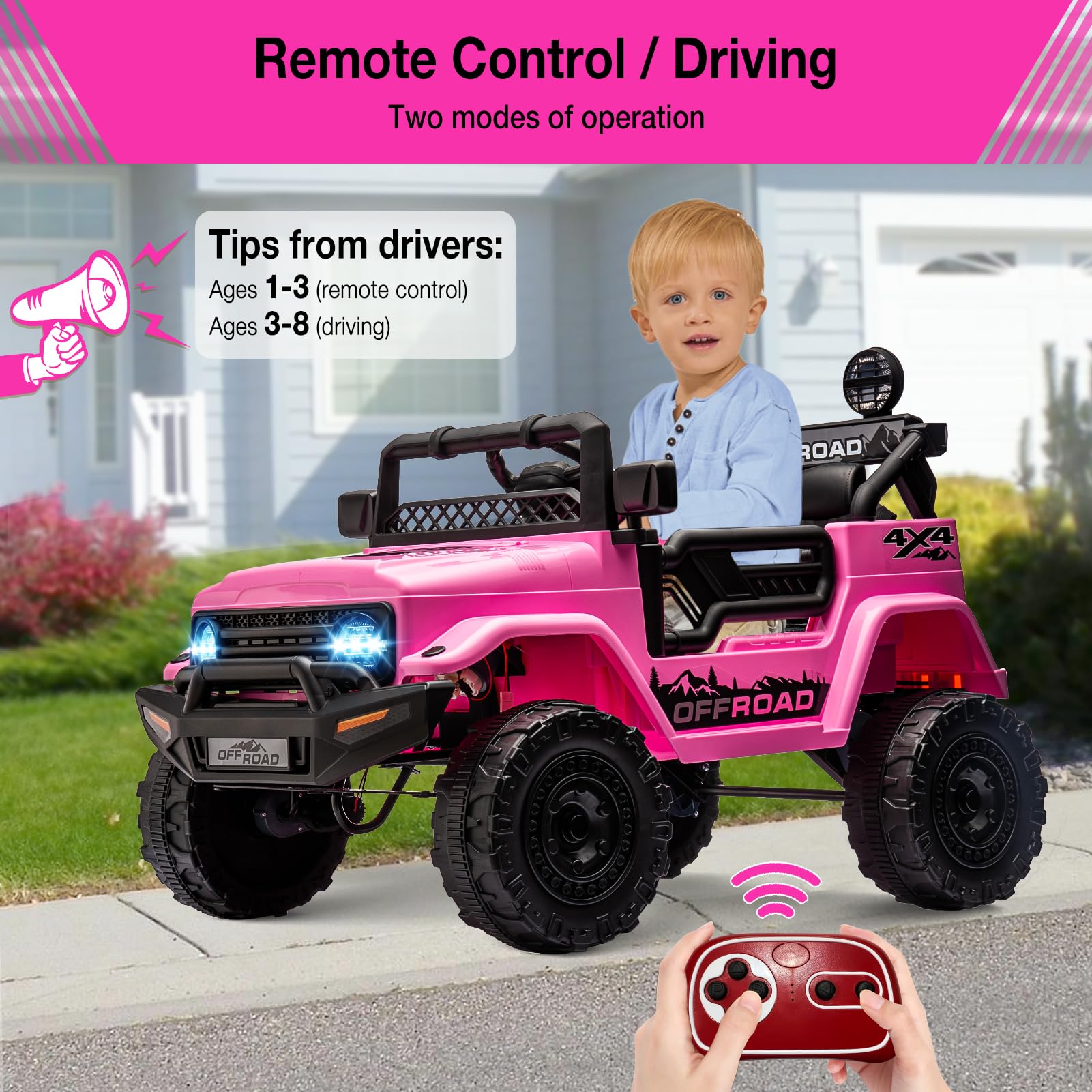 Voiture Électrique Enfant 12V, Quad Électrique pour Enfant, Suspension à Ressort, Ceinture De Sécurité, Lumières LED, sans Fil, MP3/USB/TF, 3 Vitesses, 3-8 Ans, Rose