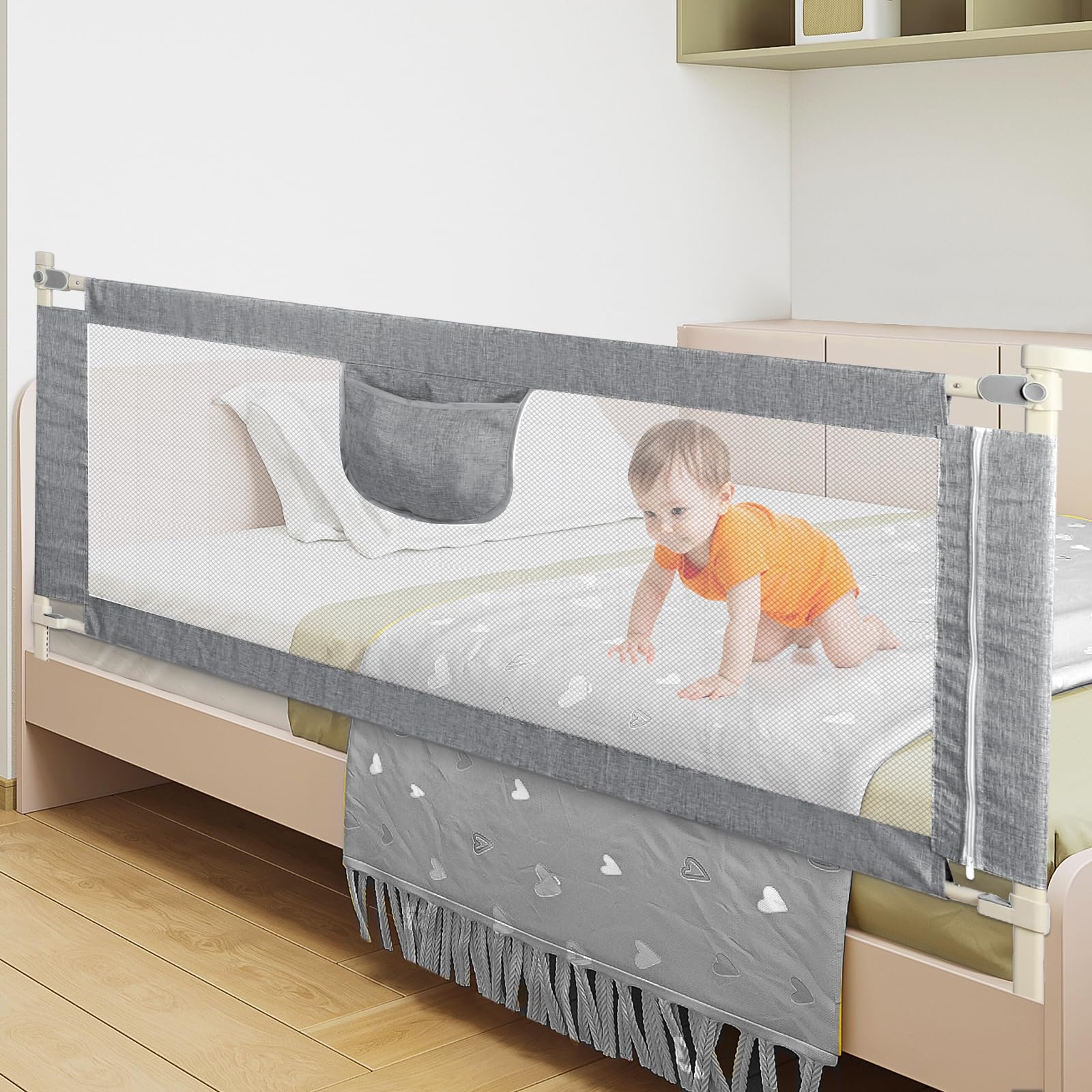 Barriera per letto per bambini da 175 cm, protezione contro le cadute, barriera di sicurezza per bambini con 10 altezze regolabili, telaio in metallo, pieghevole, stabile e durevole