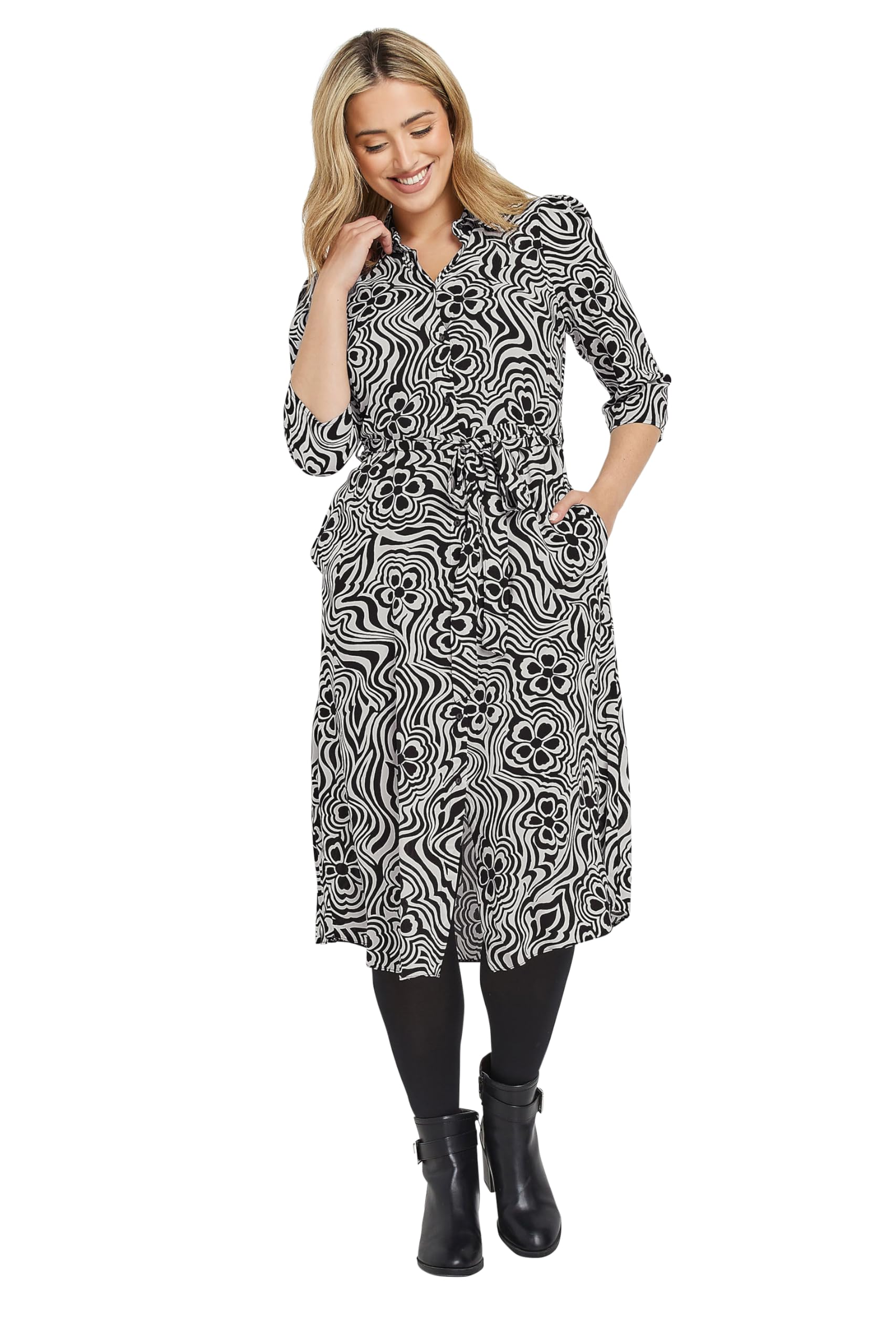 M&Co Women's Black Floral Swirl Print Midaxi Shirt Dress In Size 12