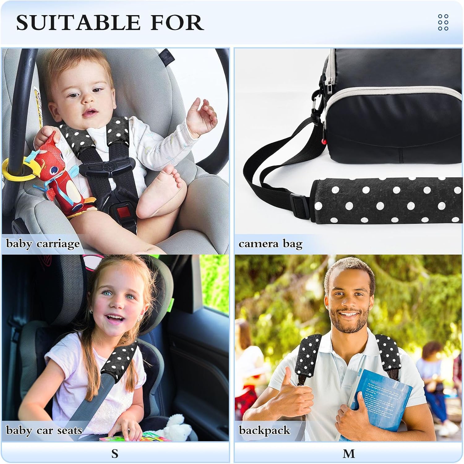 Bolaz Black Polka Dots Car Seat Strap Pads Seatbelt Covers Cushion Shoulder Strap Pads for Adults Soft 2Pcs