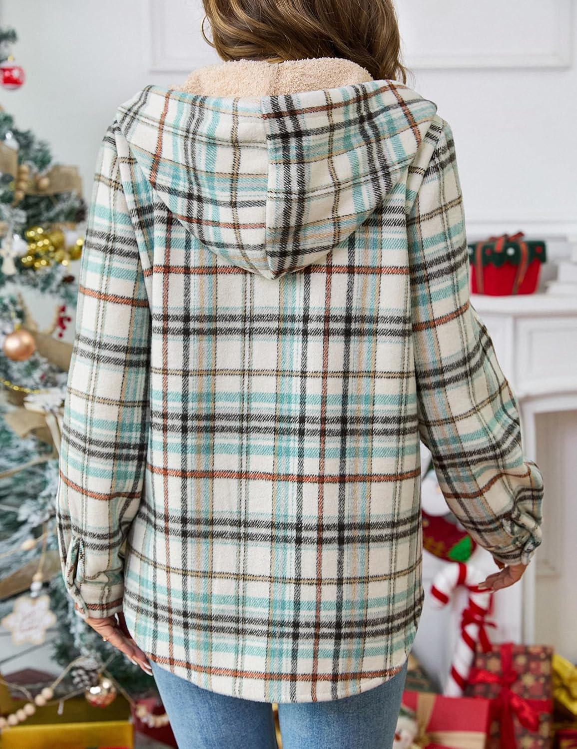 Women’s Plaid Flannel Shacket Jacket Sherpa Lined Fleece Button Up Hooded Coat Fall Winter Oversized Warm Jacket with Pockets - Image 6