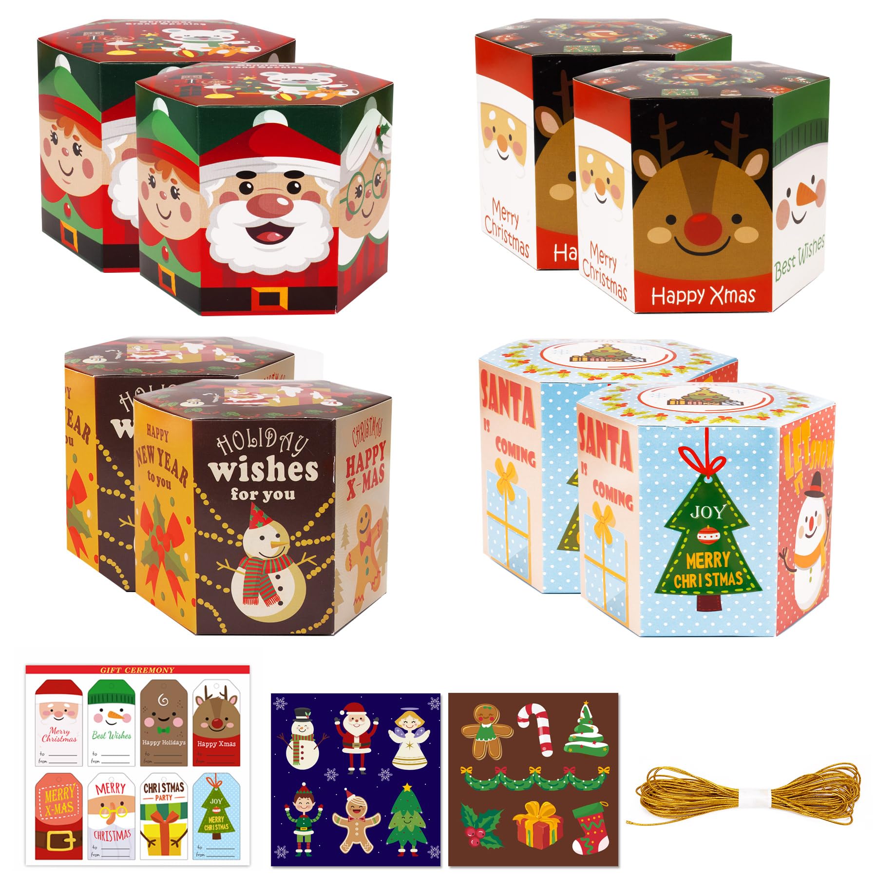 Rancco Christmas Gift Boxes with Lids, Cookies Boxes for Gift Giving w/Gift Tags, Gift Stickers, 8 Pack Cute Design Christmas Boxes for Treat, Candy, Dessert, Food Packaging Containers, 4.7x4x3.7inch