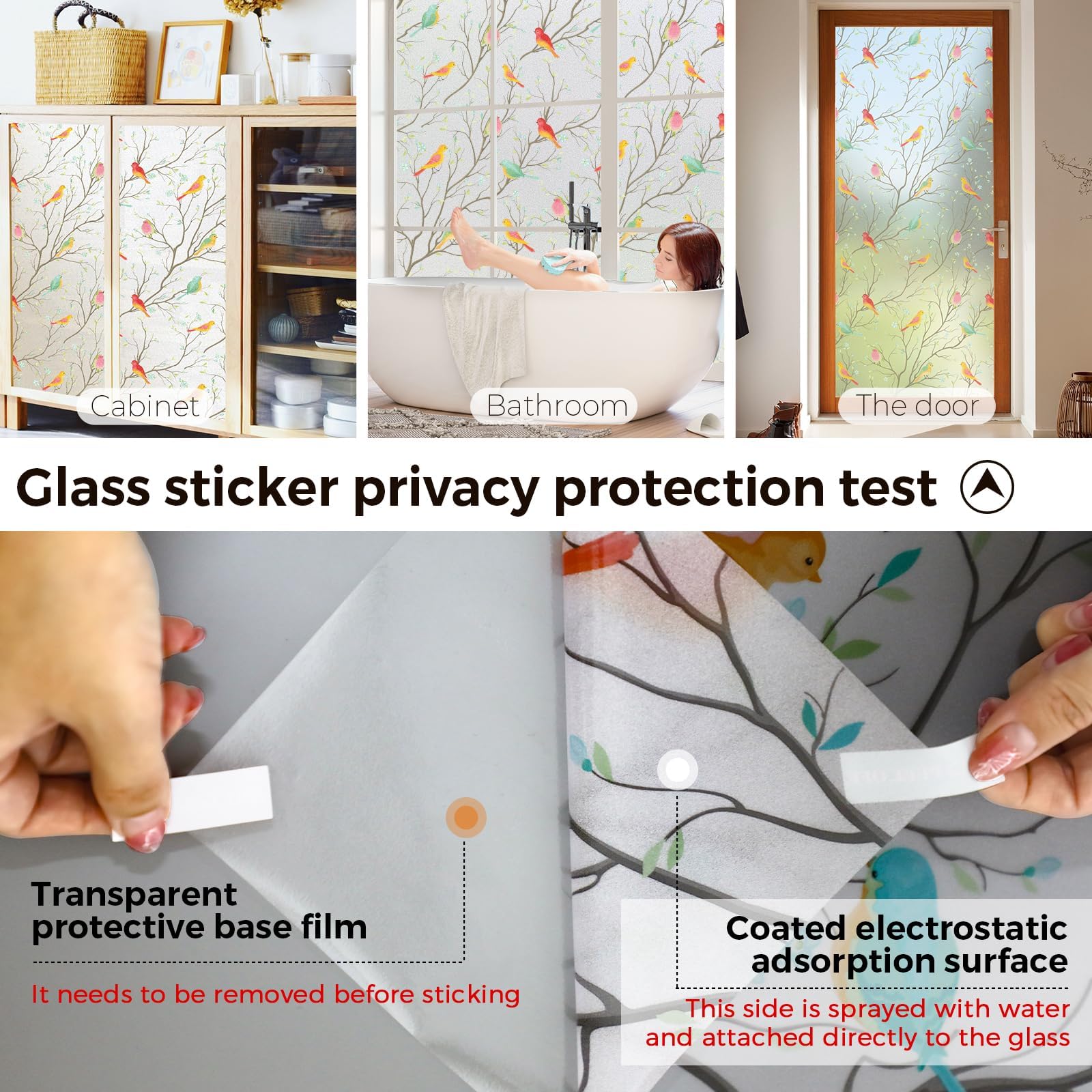 WOO Home Frosted Glass Window Film & Stickers (12 X 24 inch) Privacy Window Cover for Glass Window & Glass Door - Easy Apply, Removable Decorative Film (Multi Colour Bird Film | 1 X 2 SQFT) — Amazon image 7