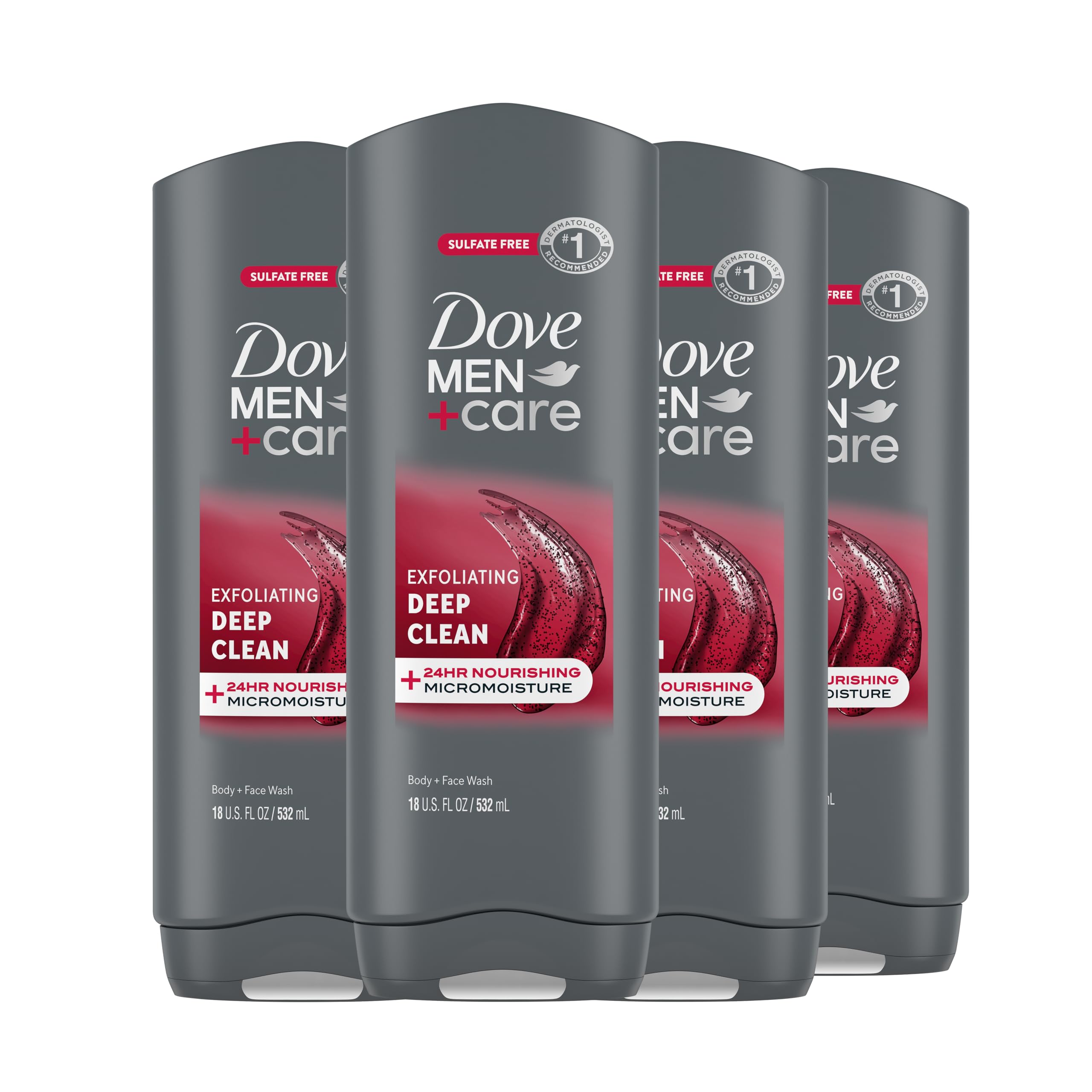 DOVE MEN + CAREMen 4 Count Exfoliating Deep Clean Body & Face Wash For Men with 24-Hour Nourishing Micromoisture Technology 18 oz