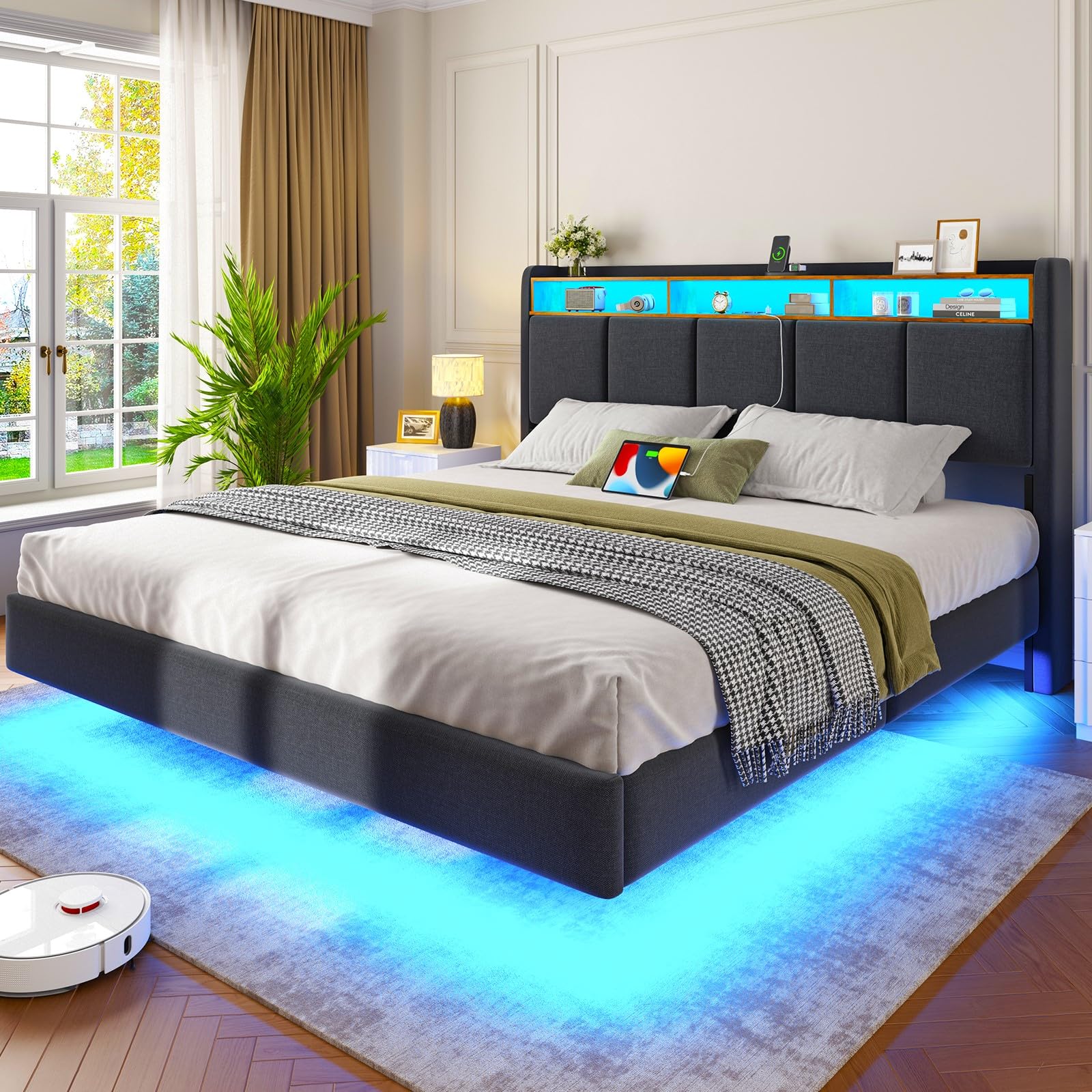 Brinlawb Lit 180x200 avec Sommier, Cadre de lit 180x200cm avec Éclairage LED et 2 Prises CA & 2 Ports USB, Tête de lit Rembourrée avec Rangement, Structure Stable, Effet Flottant, Tissu en Lin, Gris
