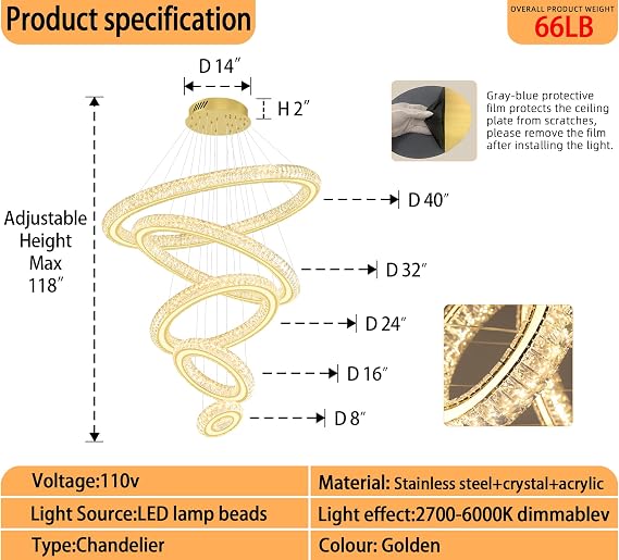 Large Gold Ring Chandelier for High Ceiling Dimmable LED 5 Ring Crystal Chandelier for Foyer, Staircase, Living Room