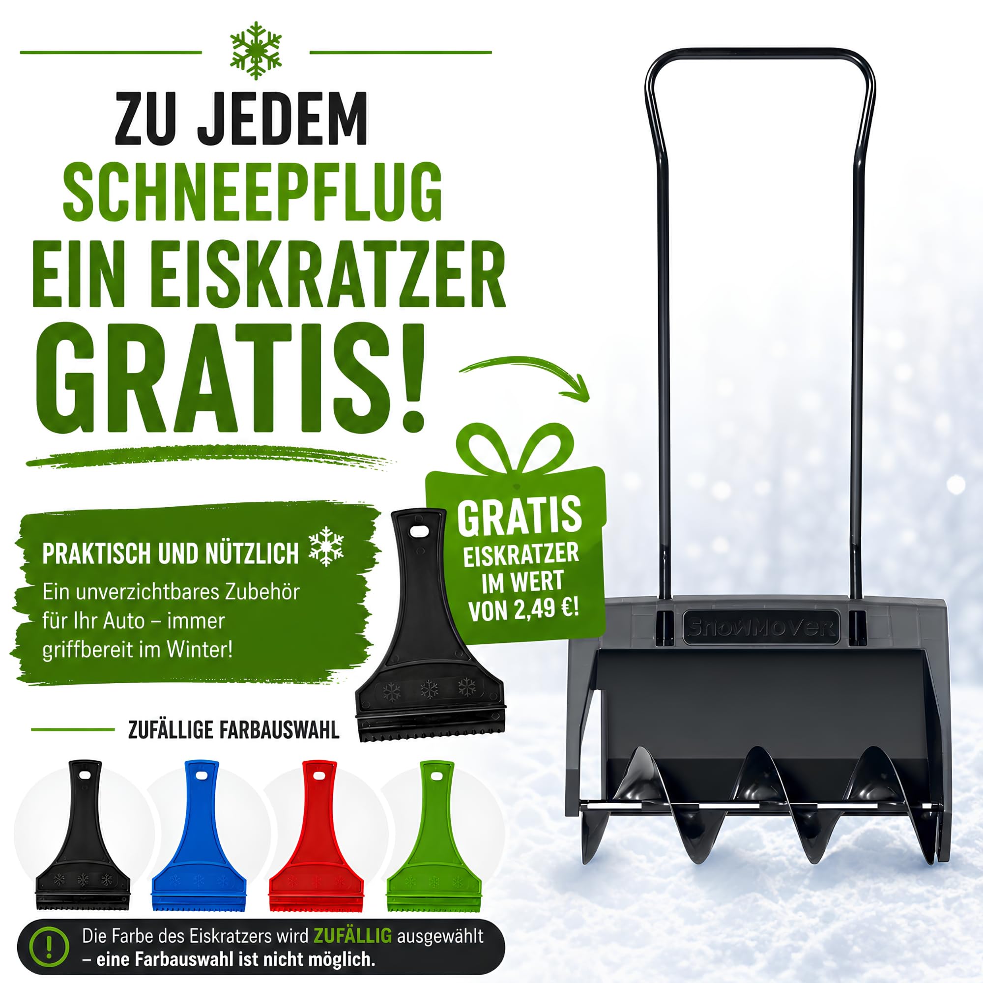 Snow Mover Schneefräse 60 cm Schneeschieber mit Aluminiumkante, INKLUSIVE Eisschaber, Schneepflug Schneeschaufel Ergonomisch Schwarz