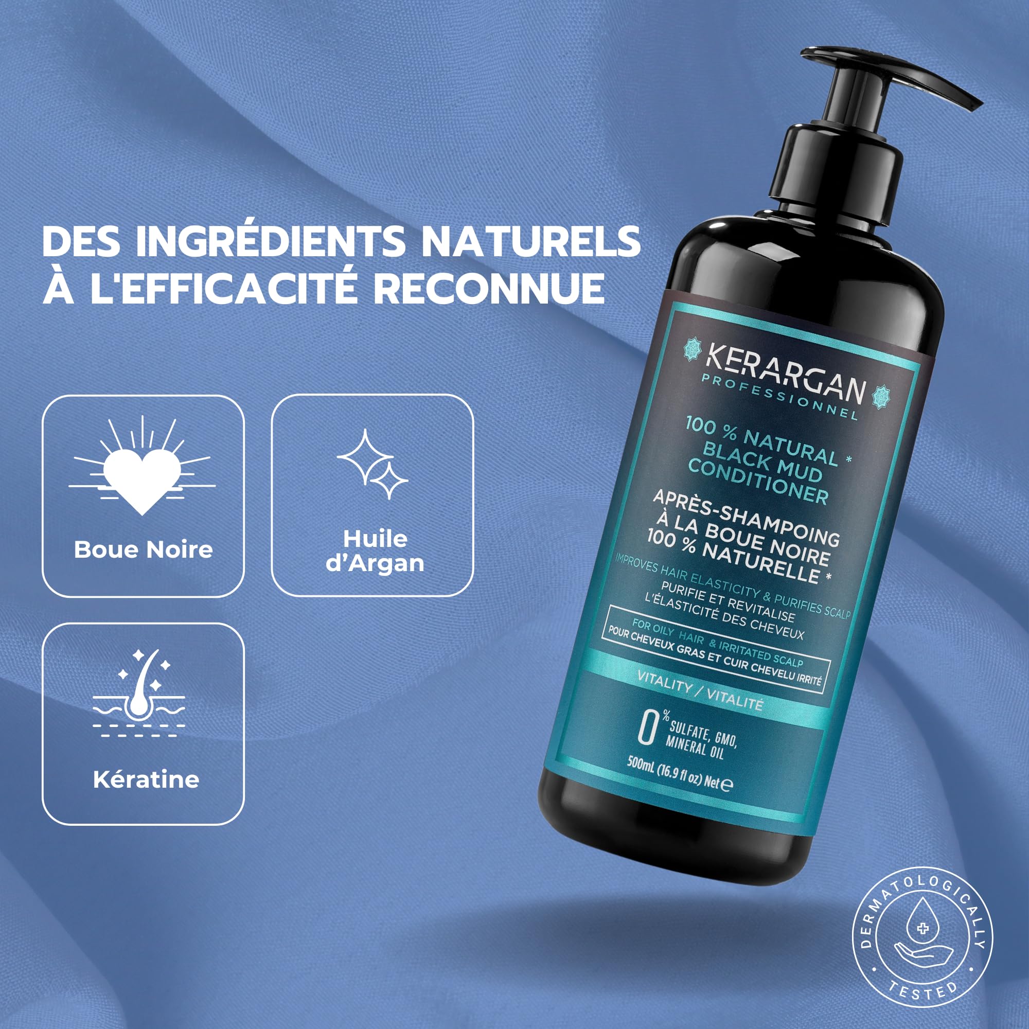 Kerargan - Après-Shampoing Revitalisant à la Boue Noire de la Mer Morte - Vitalité & Hydratation - Cheveux Gras, Cuir Chevelu Irrité - Purifie & Restaure - Sans Sulfate, GMO, Huile Minérale - 500ml