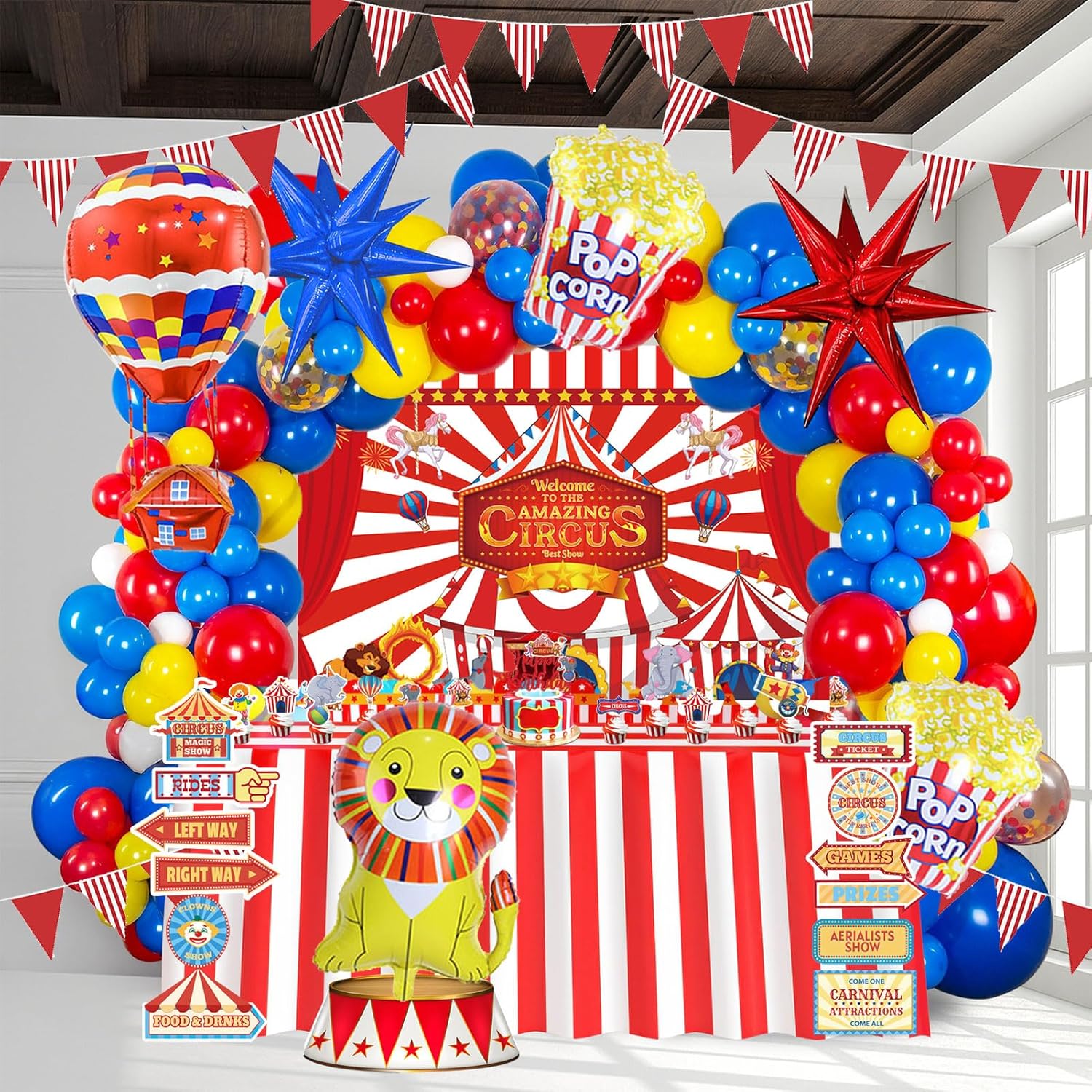 Carnival Circus Theme birthday party decorations & include red blue yellow balloon & foil hot air popcorn balloons & striped banner tablecloth & Backdrop carnival road sign paper card Signboard decor