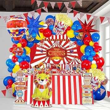 Carnival Circus Theme birthday party decorations & include red blue yellow balloon & foil hot air popcorn balloons & striped banner tablecloth & Backdrop carnival road sign paper card Signboard decor