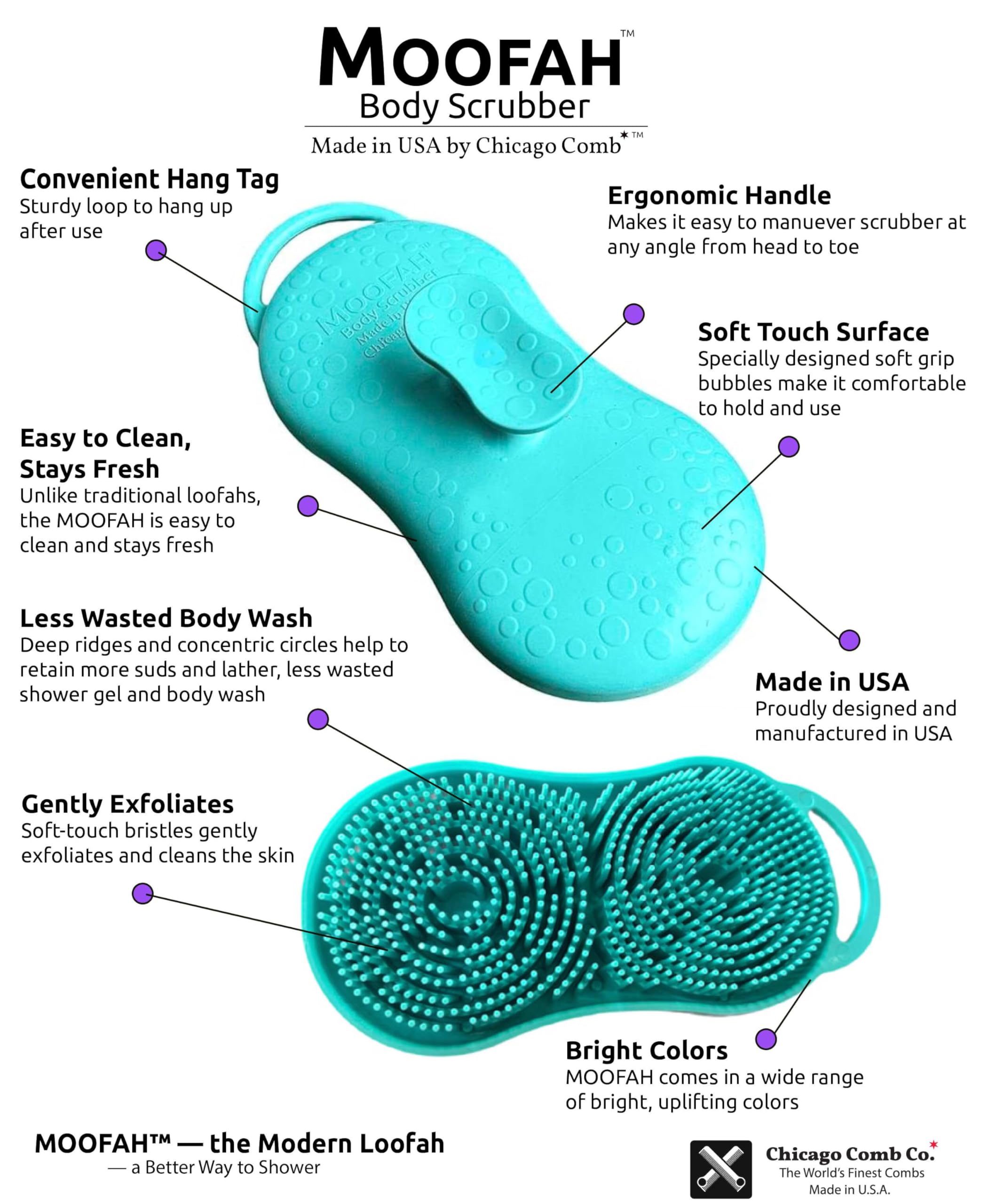 Chicago Comb MOOFAH™ Body Scrubber- Made in USA, Loofah Alternative, Exfoliating, Refreshing, Quick-Drying, Travel-Friendly, Easy-to-Clean (): Aqua