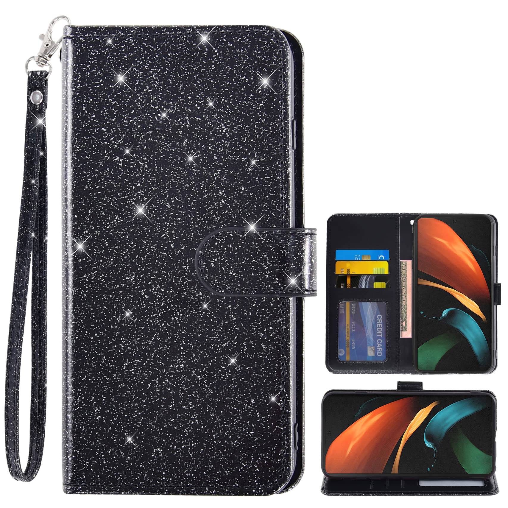 Asuwish Phone Case for Samsung Galaxy Z Fold 2 5G 2020 with Glitter Wallet Cover Flip Card Holder Slot Stand Kickstand Rugged Folio Cell Accessories