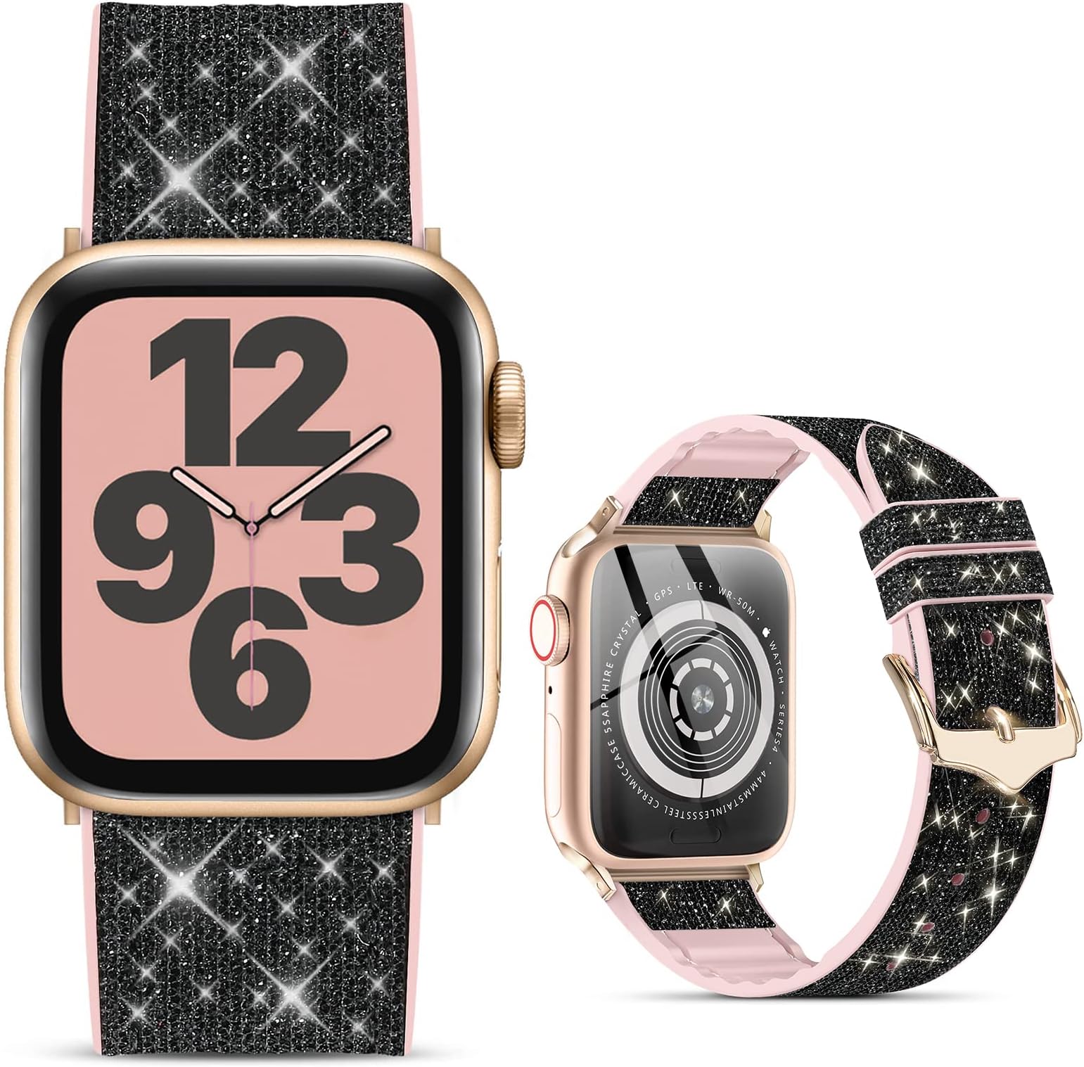 Compatible with Apple Watch Band 45mm 38mm 40mm 41mm 42mm 44mm, CTYBB Blingbling Sweatproof Genuine Leather and Silicone Band for iWatch Series 8 7 6 5 4 3 2 1 SE Ultra,(Glitter Black,45mm 42mm 44mm)