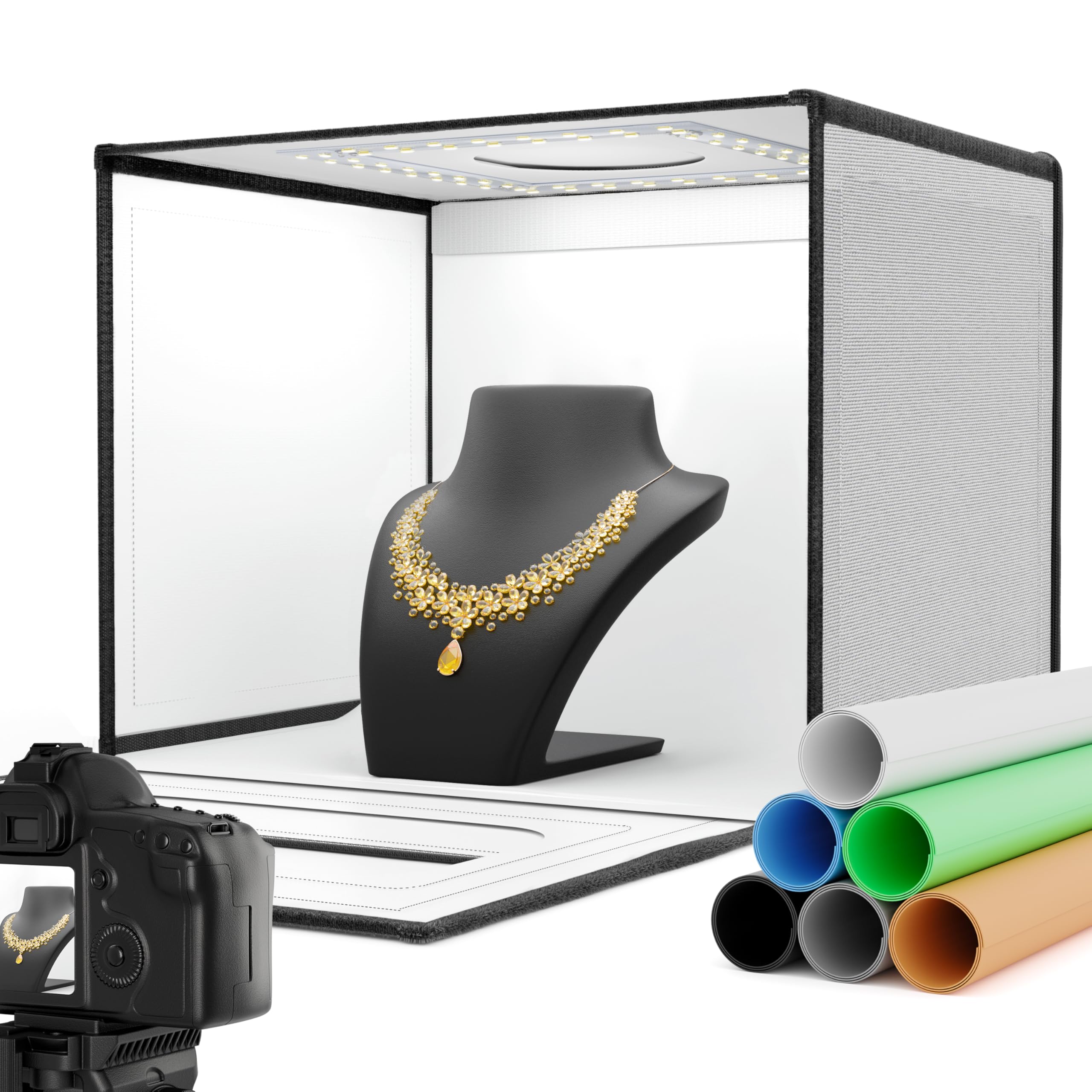 RaLeno Fotobox, 40X30X30cm Lichtzelte Fotostudio Set Lichtbox (CRI > 95 | 64 LEDs | 24 W einstellbare Helligkeit | 6 Hintergründe) für Produktfotografie