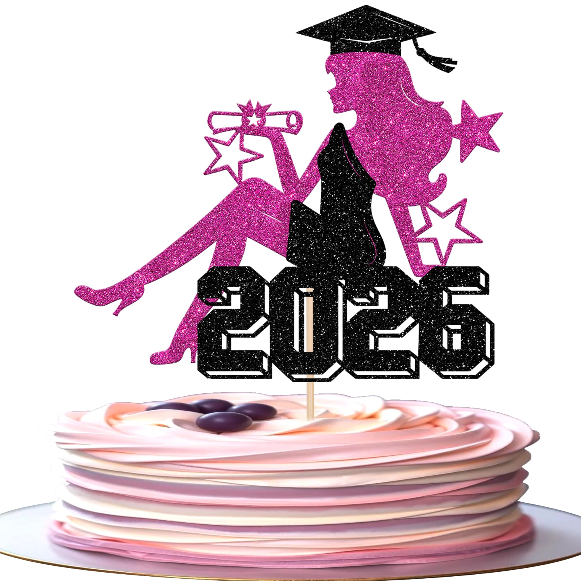 Xsstarmi 1 Pack Graduation 2026 Cake Topper Pink Glitter Graduation Girl Class of 2026 Cake Pick for Women Girls High School College Graduation Party Cake Decorations Supplies