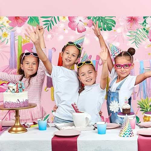 Miniatura 7 de Preboun Fondo de decoración de fiesta de cumpleaños de flamenco, 3.6 x 6 pies, fondo tropical hawaiano, floral, flamenco, fotografía, para Luau