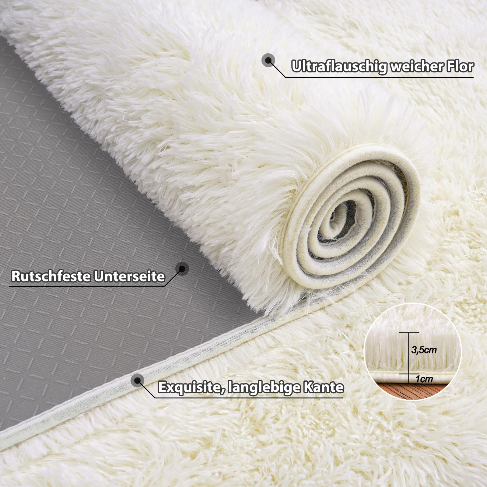Großer Teppich Wohnzimmer 200x300 Hochflor Flauschig, Schlafzimmerteppich Langflor Creme, rutschfest Weich Shaggy Teppich für Kinderzimmer Teenager Schlafsaal