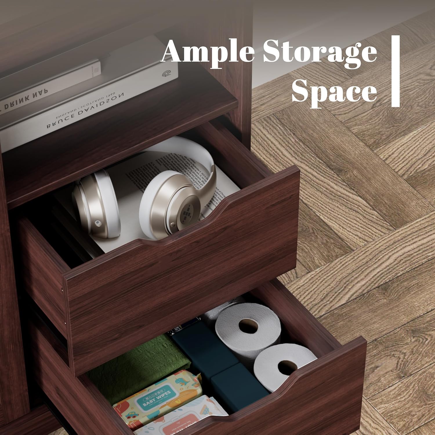 Open drawers of the TV stand showing stored items like headphones and toiletries