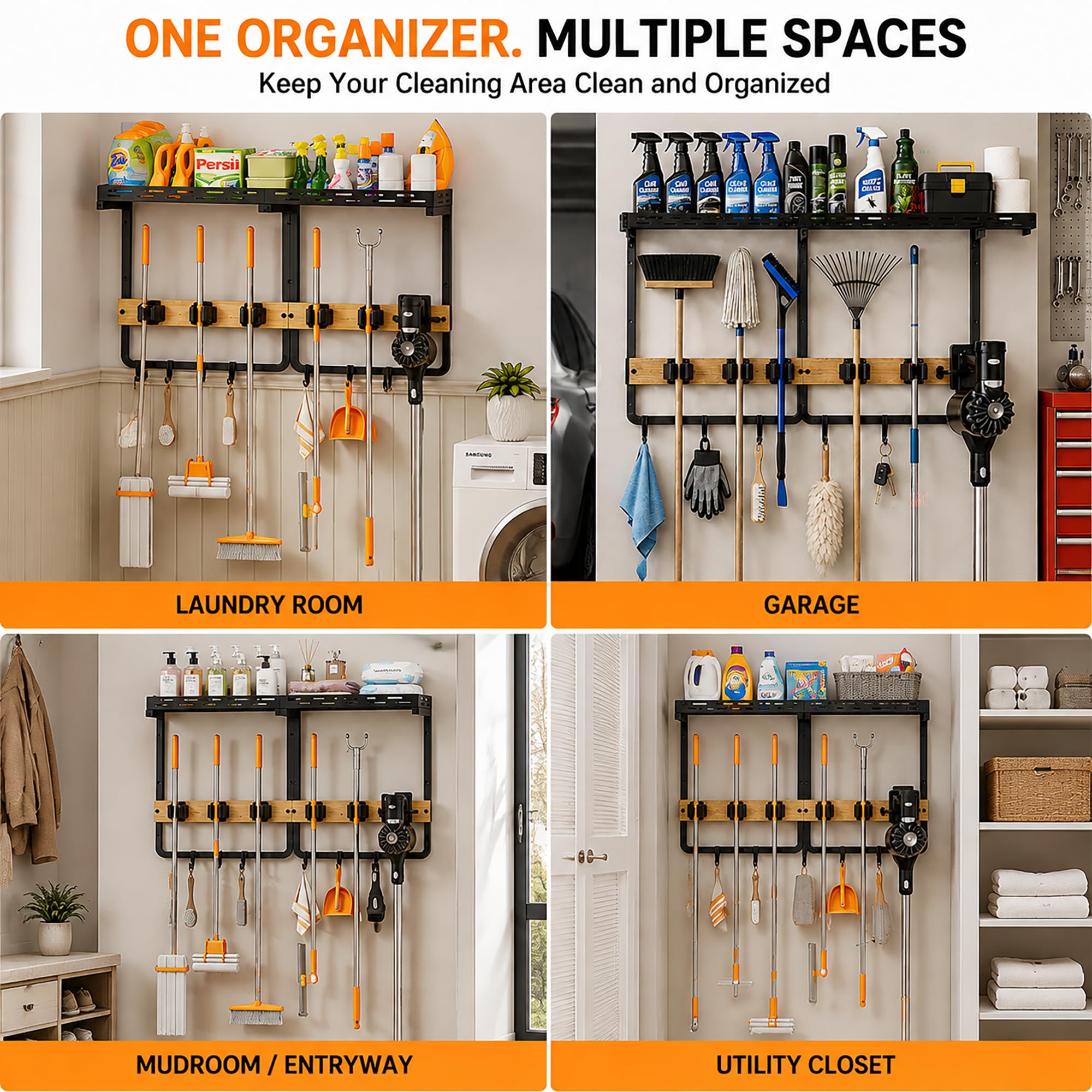 TigerskiTools Large Broom Mop Holder Wall Mounted with Top Shelf,3-in-1 Cleaning - product photo
