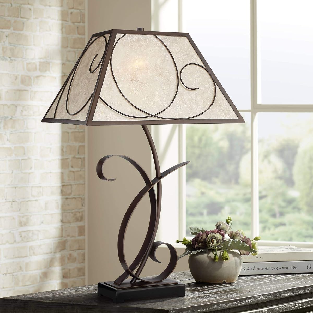 Teri 27" Tall Table Lamp Bronze Brown Scroll Cottage Light Mica Shade | Farmhouse Rustic Vintage Metal Bedroom Living Room House Home Bedside Nightstand Tapered Rectangular Shade