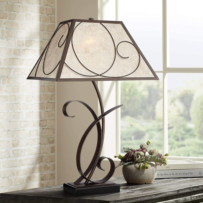 Teri 27" Tall Table Lamp Bronze Brown Scroll Cottage Light Mica Shade | Farmhouse Rustic Vintage Metal Bedroom Living Room House Home Bedside Nightstand Tapered Rectangular Shade