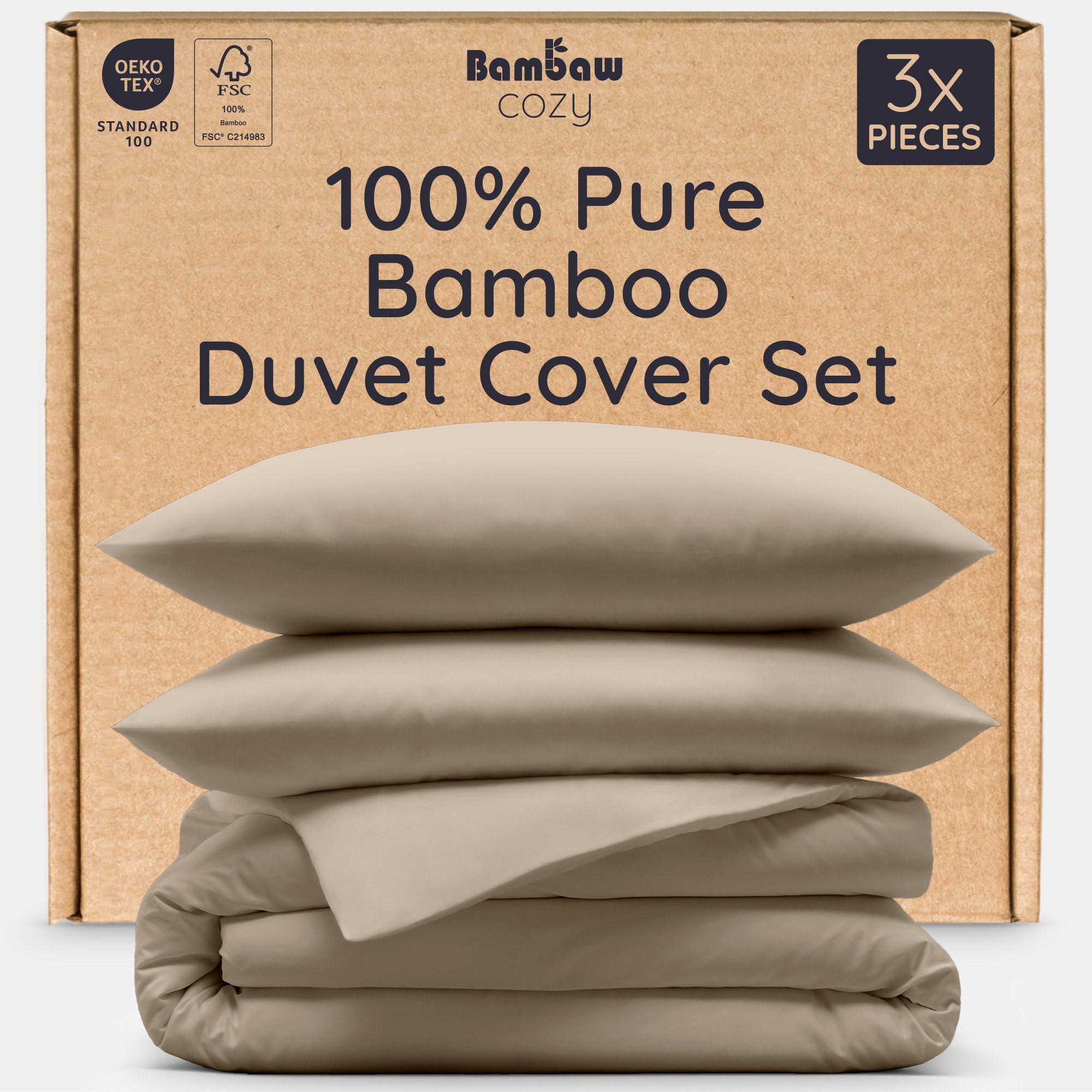 Bambaw Double Duvet Cover Set (200 x 200 cm), 3-Piece Bamboo Bed Sheets Double Set with Bamboo Pillow Cases Pack of 2 (50 x 75 cm), Summer Cool Bedding, Breathable & Skin-Friendly (Taupe)