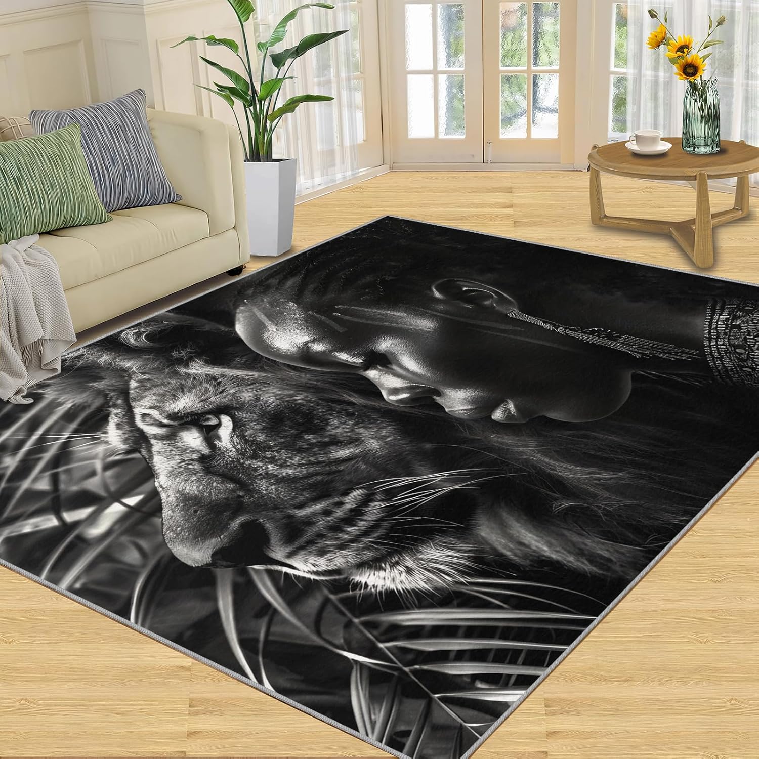 Lion Rugs for Bedroom, Fierce Lion Area Rug, Non-Slip Washable Low-Pile Animal Theme Carpet for Living Room Home Decor Indoor Floor Mats 4x5ft