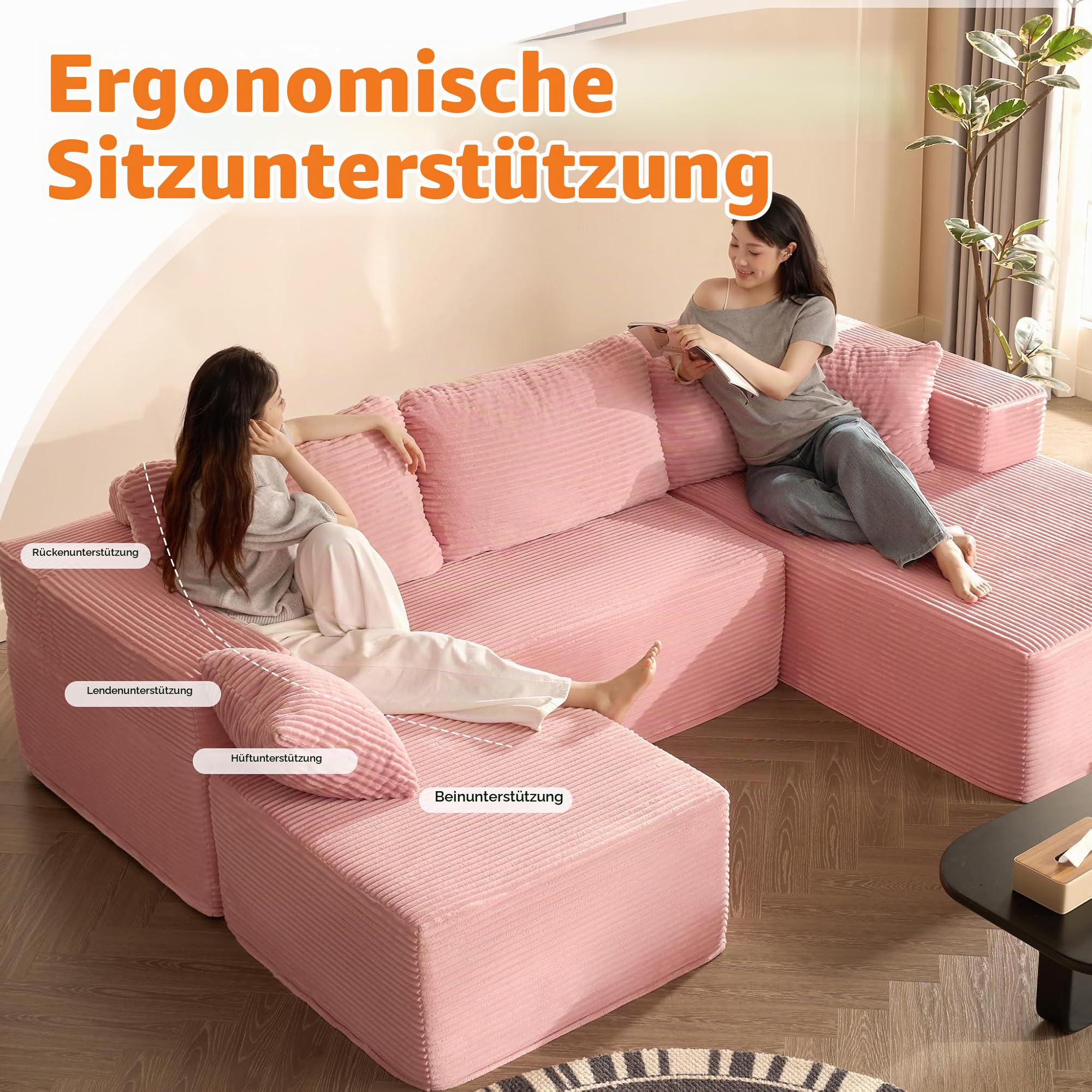 Litbird U-förmiges modulares Ecksofa 272 cm mit Schlaffunktion, rahmenloses Oversize Schlafsofa mit Chaiselongue Links, extra Tiefe Sitzfläche, montagefrei – für Wohnzimmer & Schlafzimmer,Rosa Küche, Haushalt & Wohnen