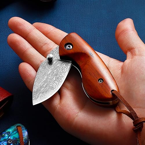 Miniatura 4 de ESaure Cuchillo plegable, cuchillo de bolsillo EDC con hoja de damasco para hombres y mujeres. Adecuado para caza, supervivencia, senderismo y