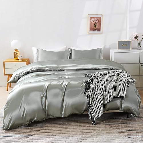 Vista 31 de HOdo Home Funda de edredón de satén, tamaño Queen, 3 piezas, funda de edredón similar a la seda, ultra suave y transpirable, juego de ropa de cama