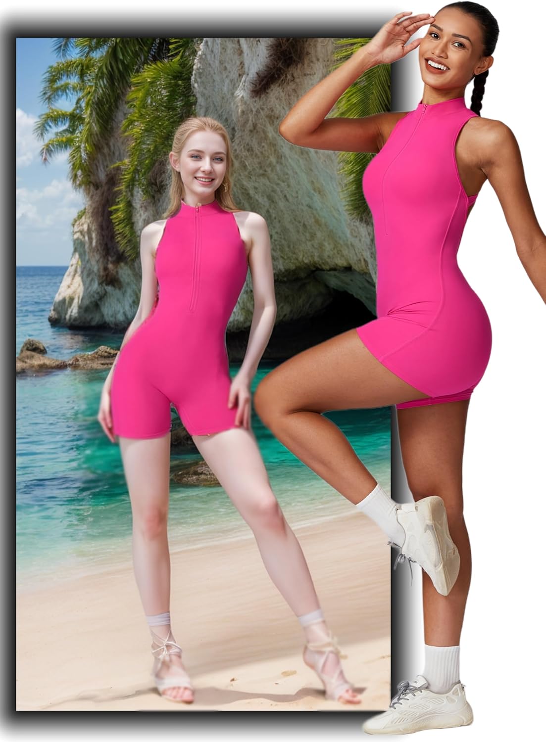 HerGymClothing Womens Workout Rompers High Support Zip Up Backless Padded Sleeveless Scrunch Butt Shorts Jumpsuit - Image 5