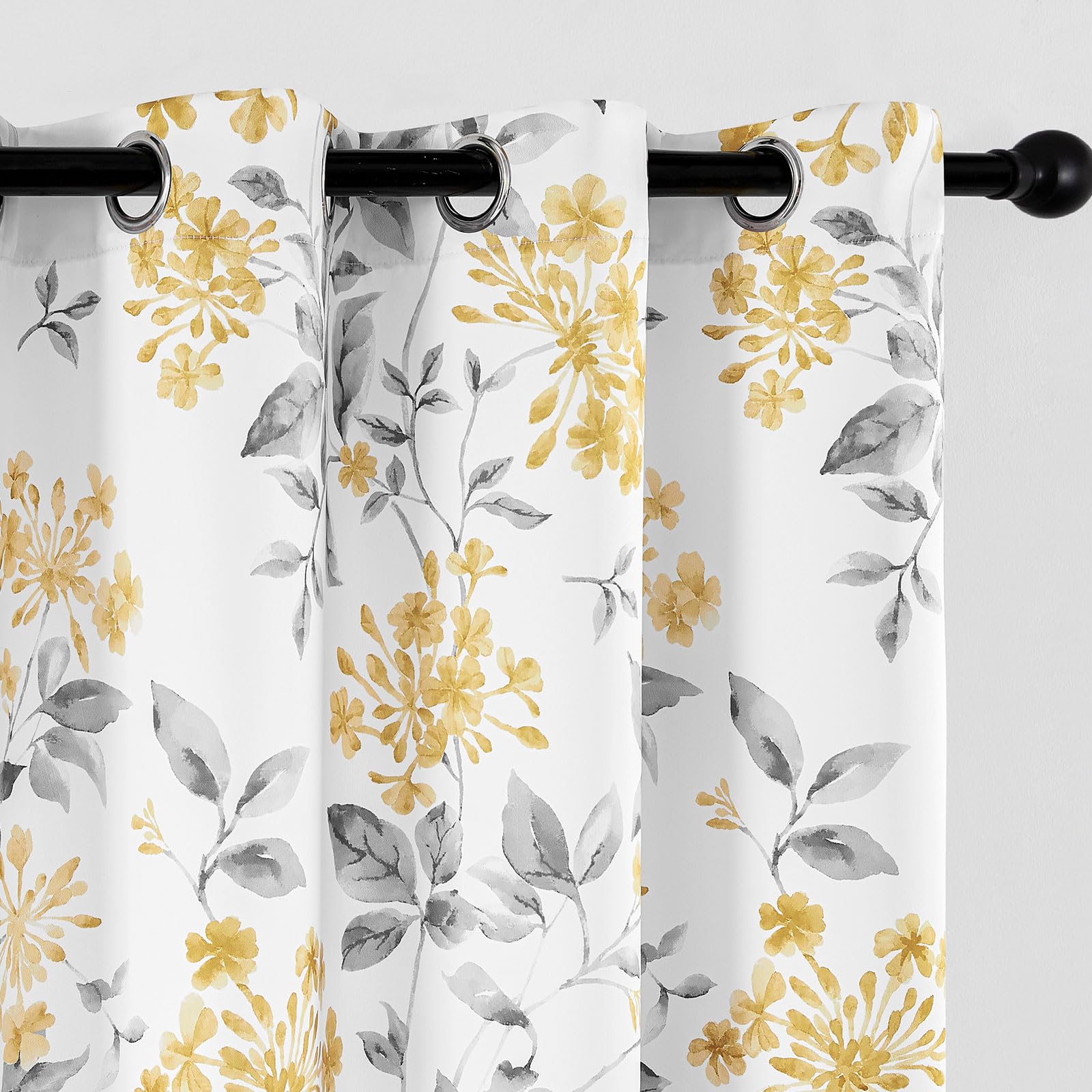 Floral Room Darkening Curtains 63 Inch Long Living Room Bedroom Curtains Hydrangea Pattern Farmhouse Curtain Drapes Grommet Energy Saving Window Treatments, 2 Panels, Yellow and Grey