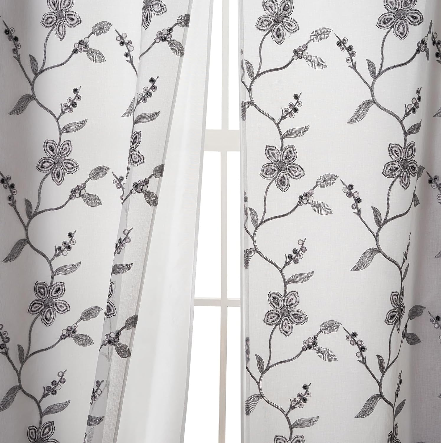 Petrichor Embroidered Sheer Curtain 2 Panels Set - Luxury Window Curtain Attached Valance with Satin Backing and 2 Tie Backs for Living Room,Dining Room, 54x84 inches, Gray