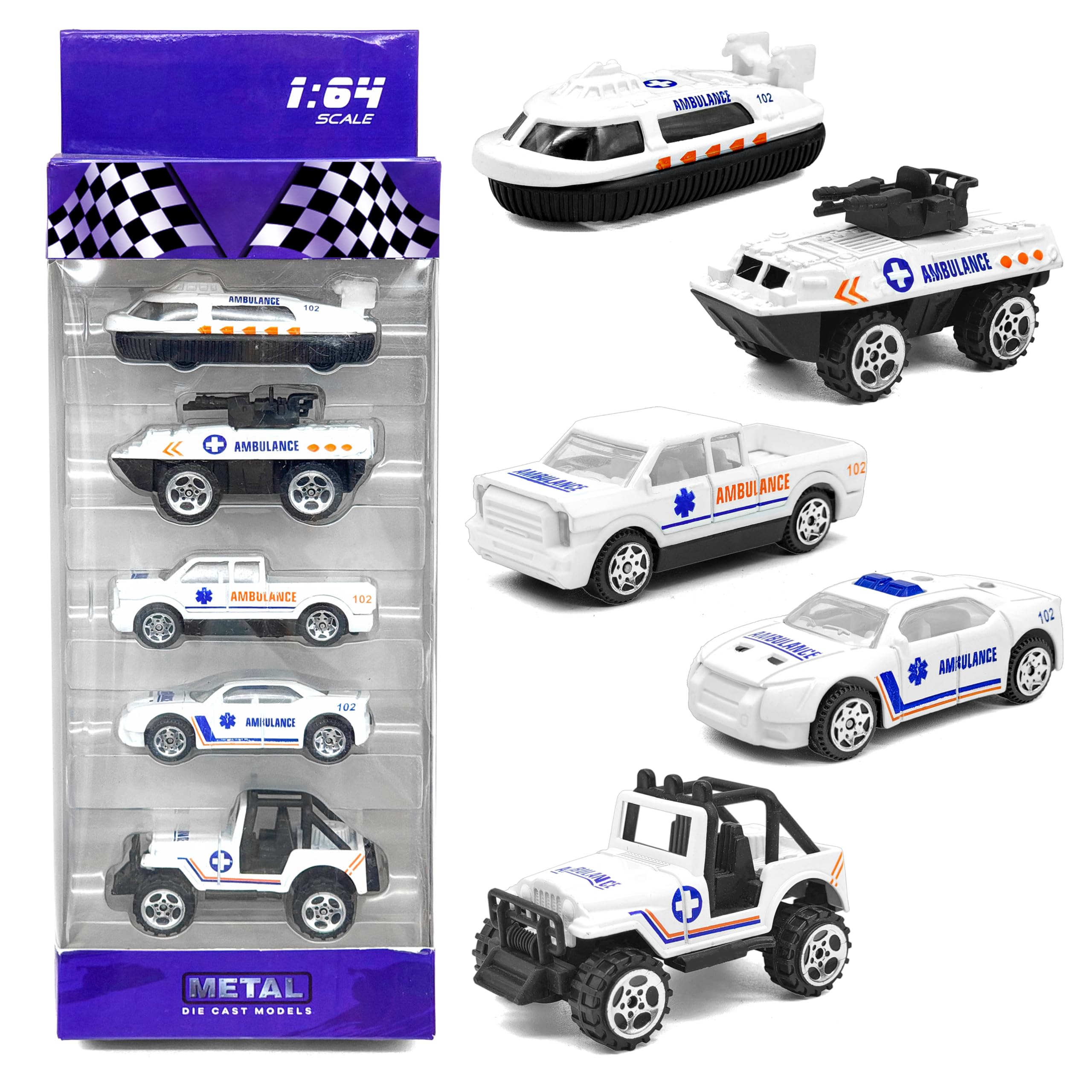 VGRASSP 1:64 Scale Mini Die Cast Alloy Metal Ambulance Vehicle Toy Set for Kids - Free Wheels Pretend Play Emergency Rescue Toy Cars for Boys and Girls - Set of 5