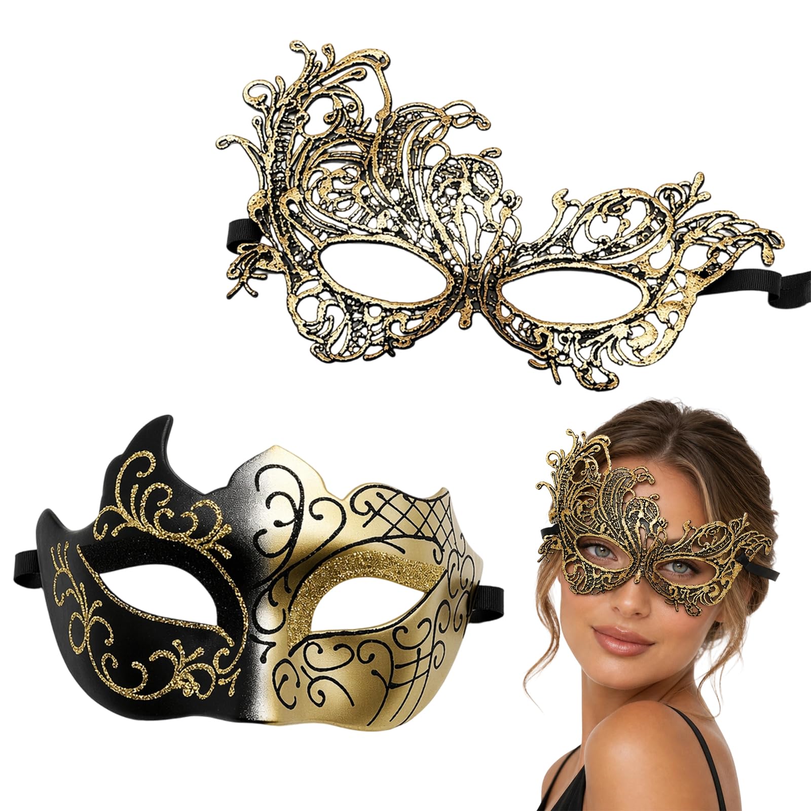 WsiQxuc 2Pcs Masquerade Mask Set for Couple Halloween Mask, Masquerade Ball Party Masks for Halloween Costume Parties and Venetian Carnival Events, Masquerade Mask for Women and Masquerade Mask Men