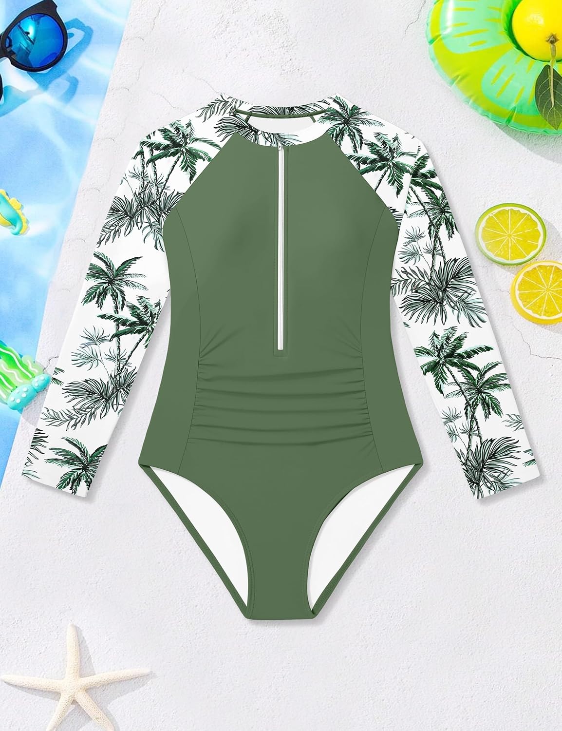 CrabQueen Girls Rash Guard Swimsuit Zipper Girl One Piece Long Sleeve Bathing Suit UPF50+ Sun Protection Swim Suits for 9-16Y